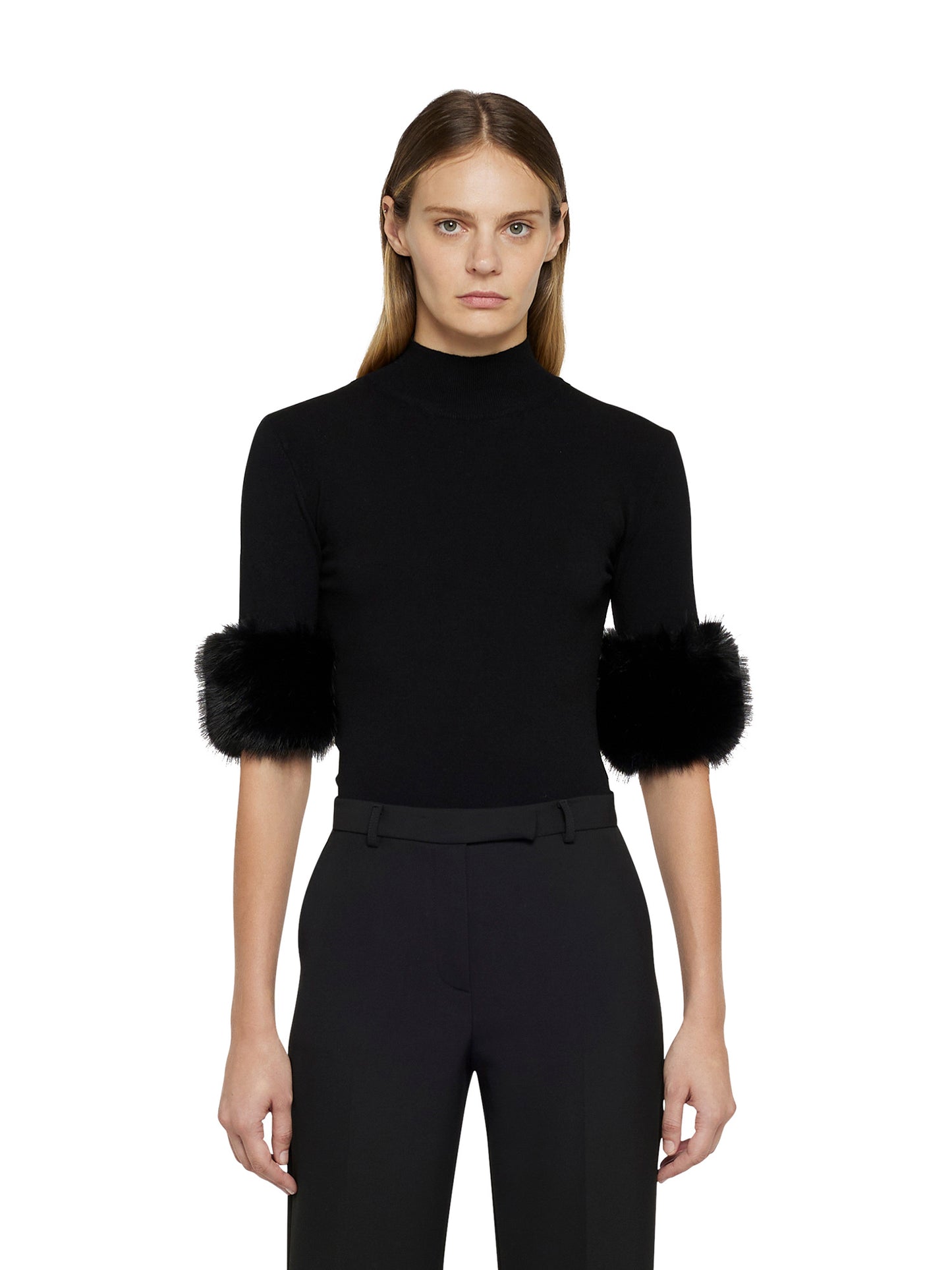 Techno viscose turtleneck jersey with short sleeves and ecofur edging