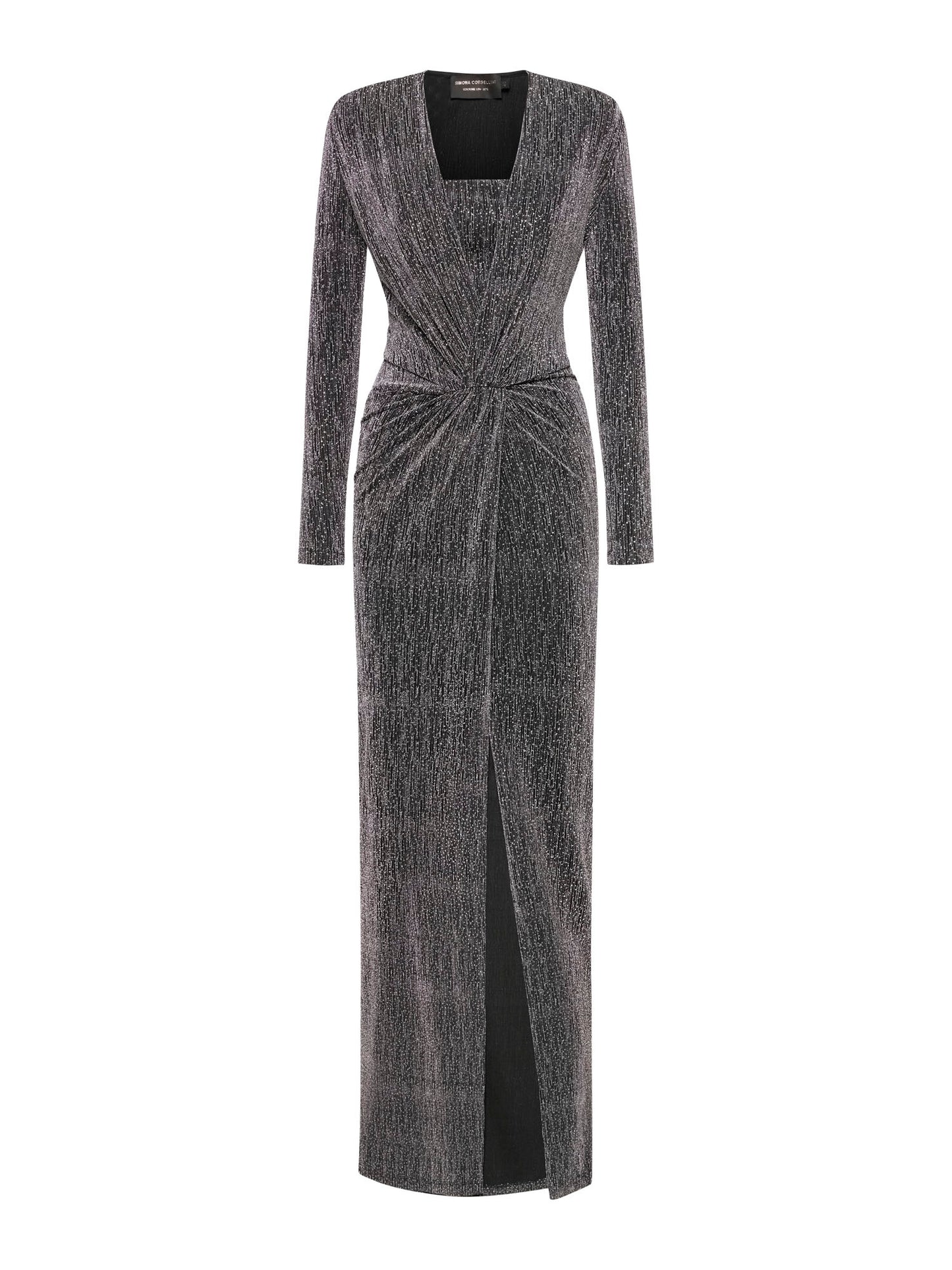 Abito lungo a maniche lunghe con nodo frontale e fascia in tessuto elasticizzato con strass