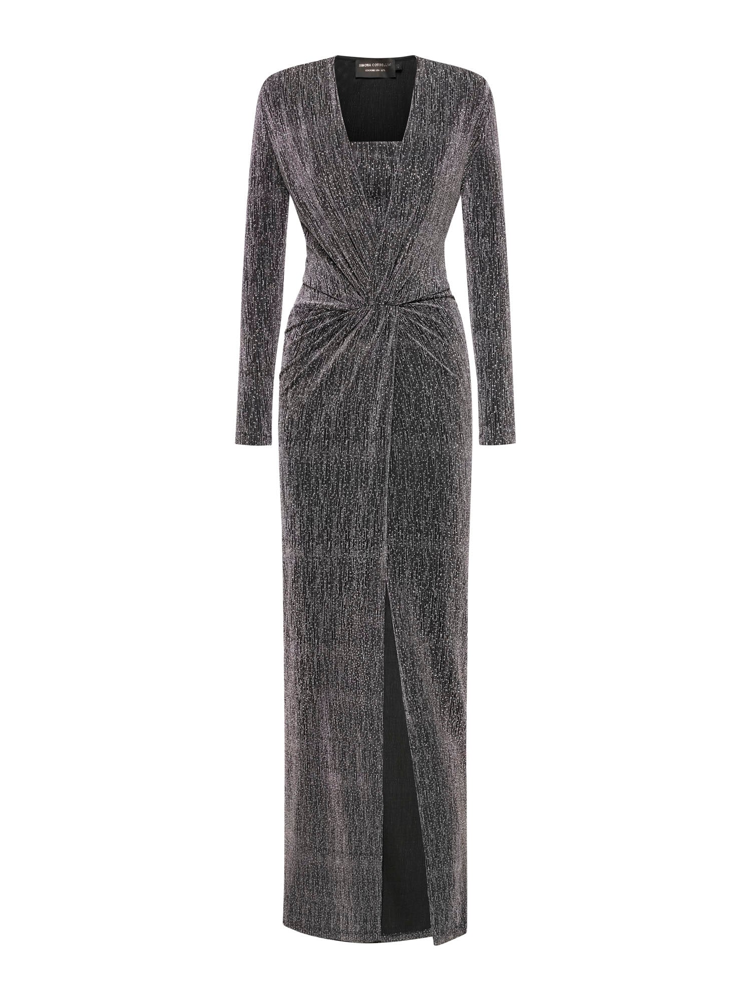 Abito lungo a maniche lunghe con nodo frontale e fascia in tessuto elasticizzato con strass