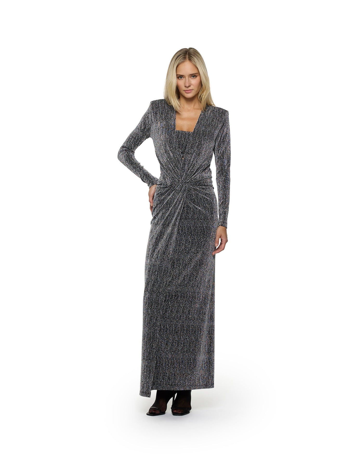 Abito lungo a maniche lunghe con nodo frontale e fascia in tessuto elasticizzato con strass