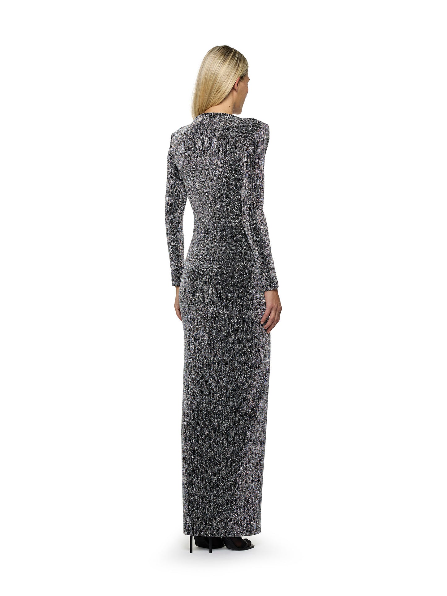 Abito lungo a maniche lunghe con nodo frontale e fascia in tessuto elasticizzato con strass