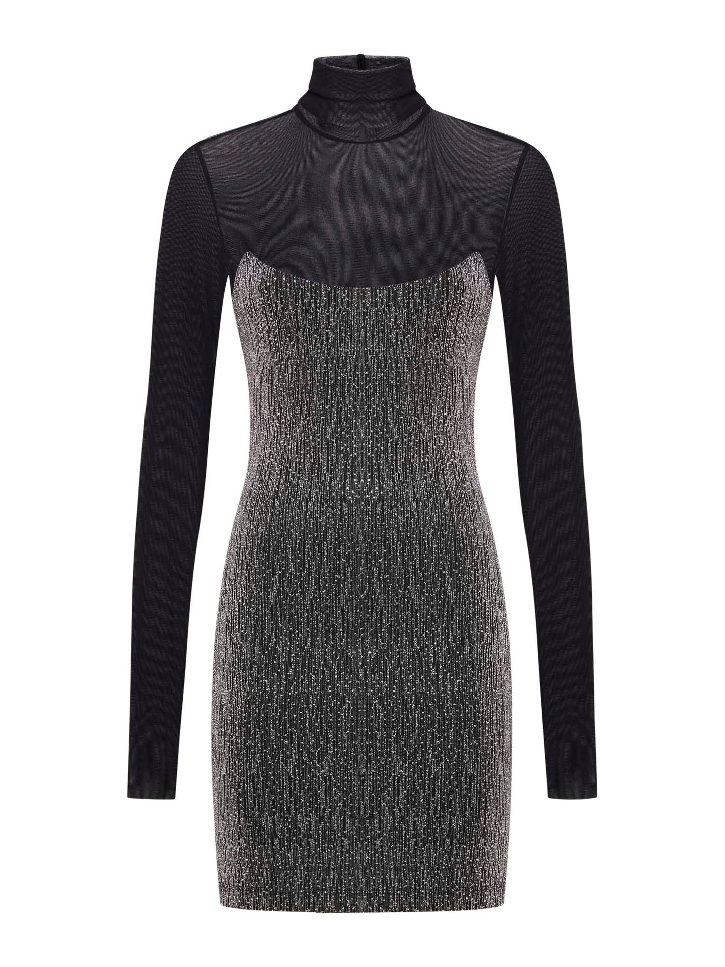 Long-sleeved short dress in sparkling jersey and tulle