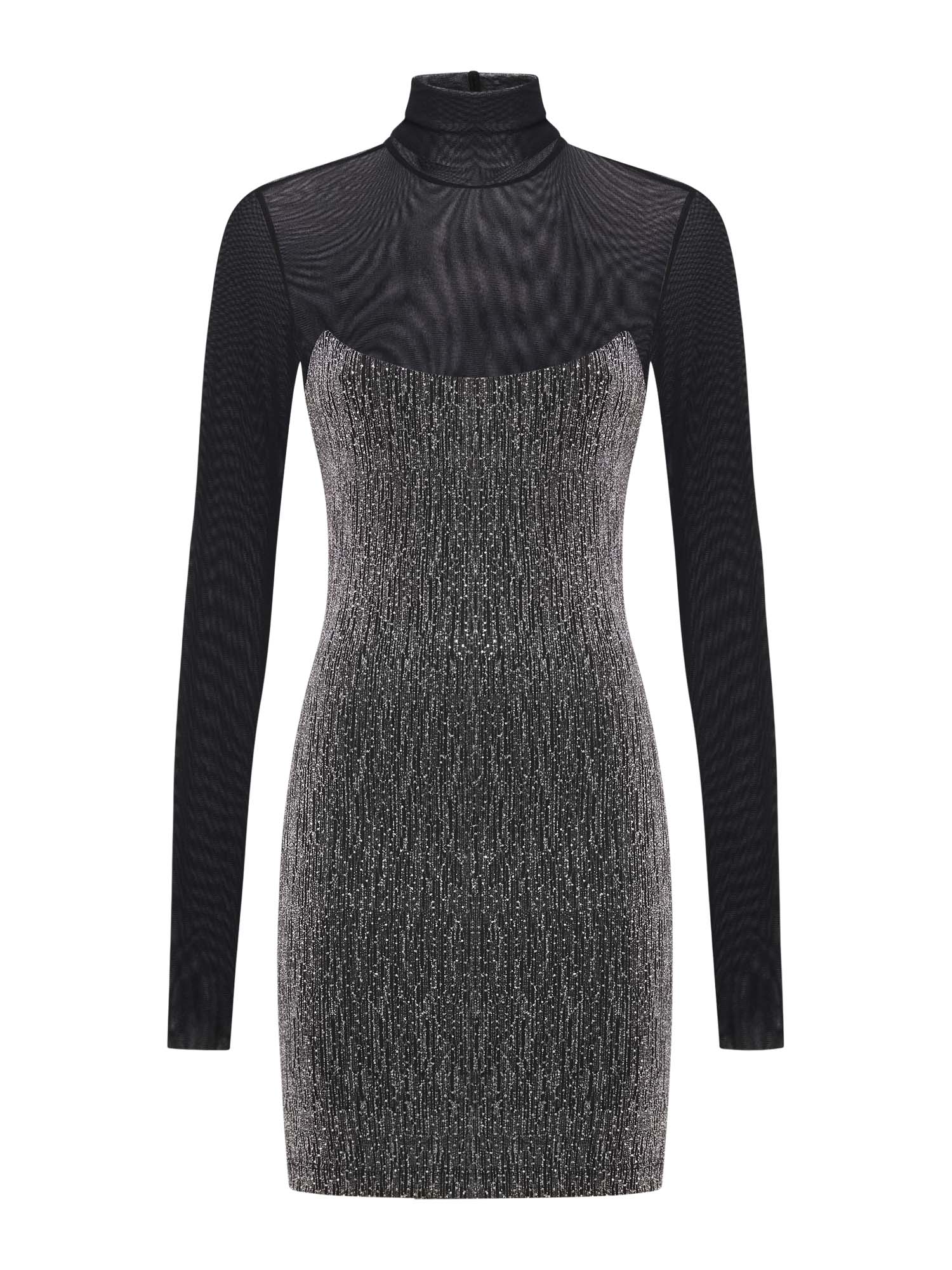 Abito corto a maniche lunghe in sparkling jersey e tulle