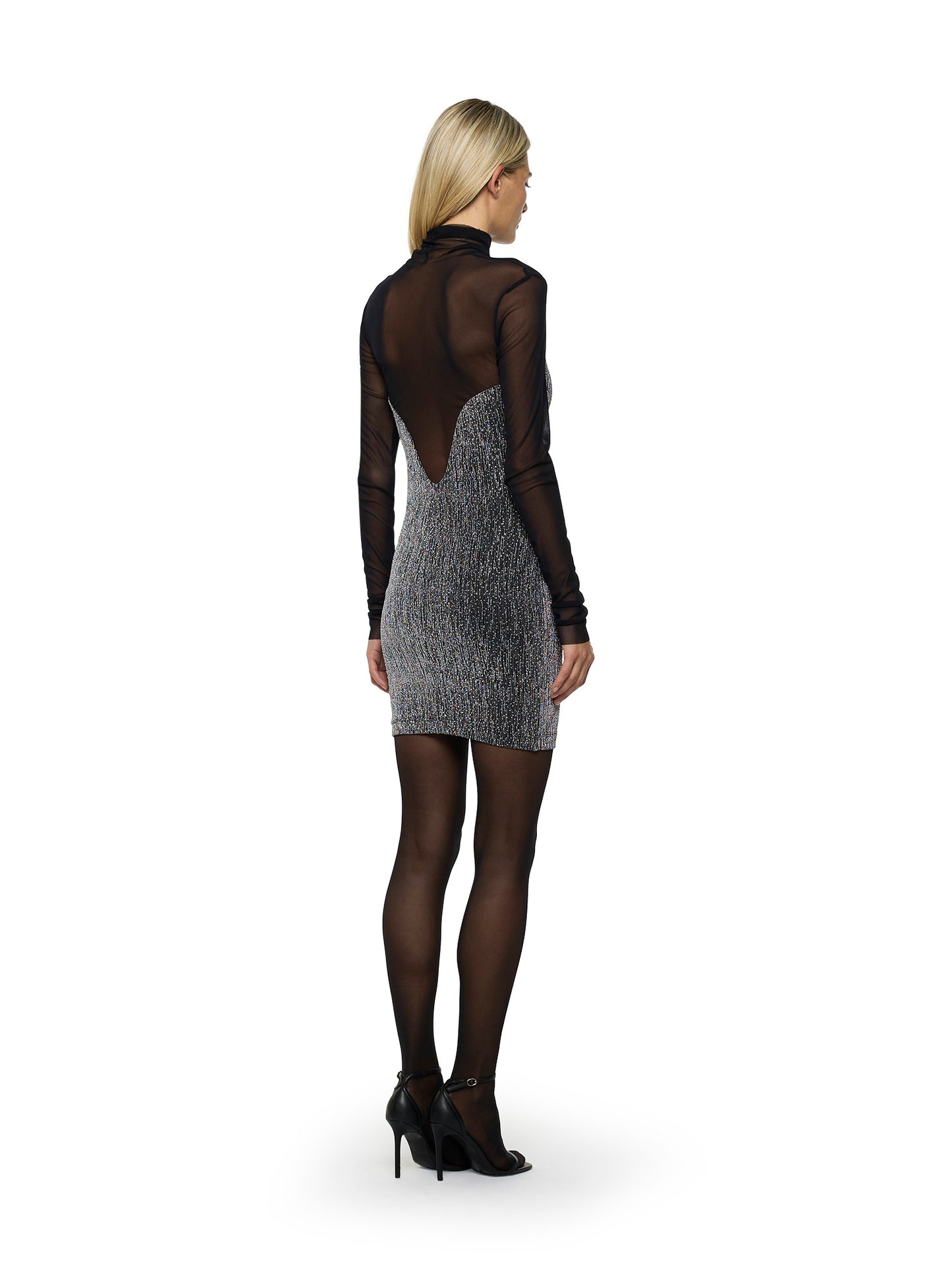 Long-sleeved short dress in sparkling jersey and tulle