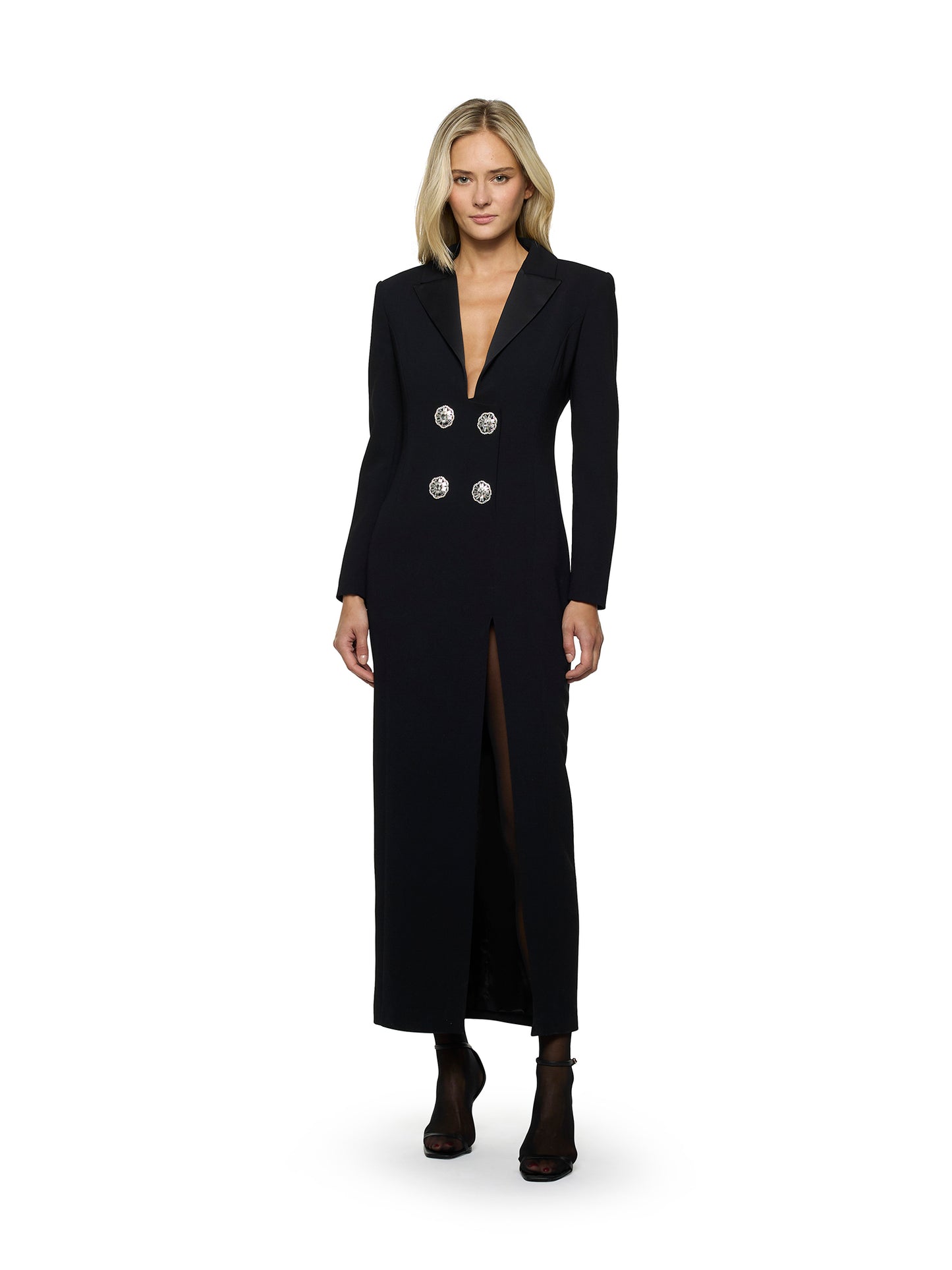 Long-sleeved dress in enver satin with jewel buttons with crystals