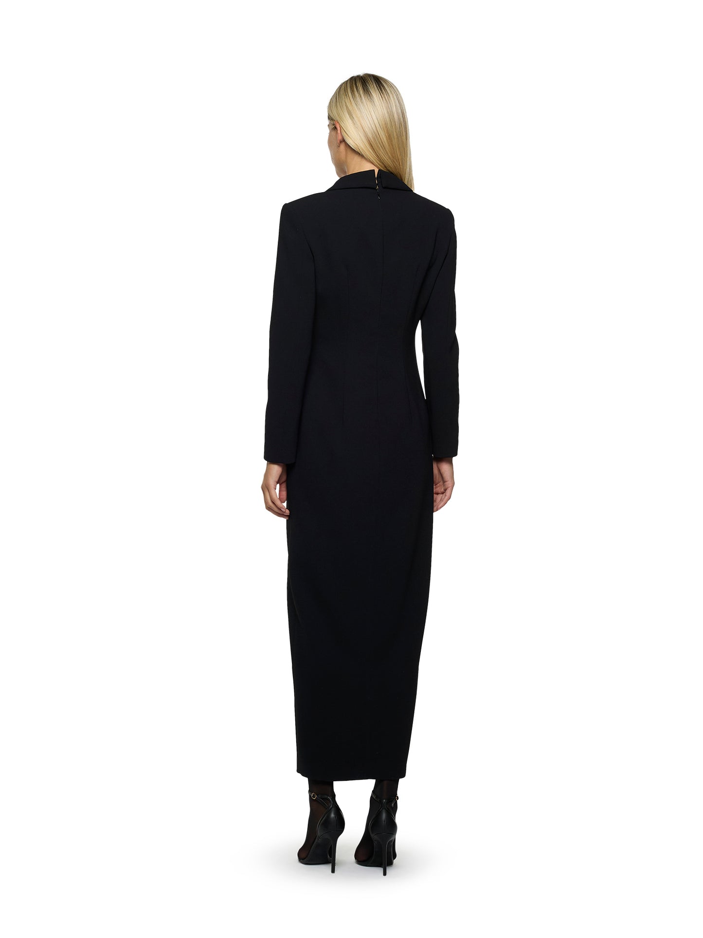 Long-sleeved dress in enver satin with jewel buttons with crystals