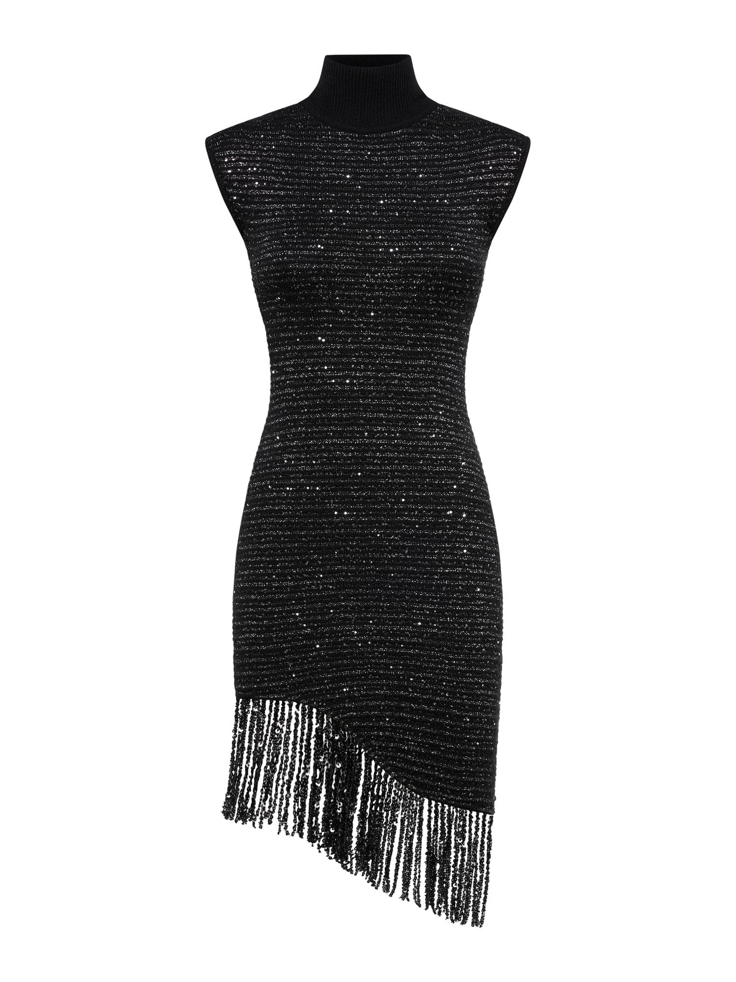 Abito corto senza maniche in maglia con frangia in paillettes