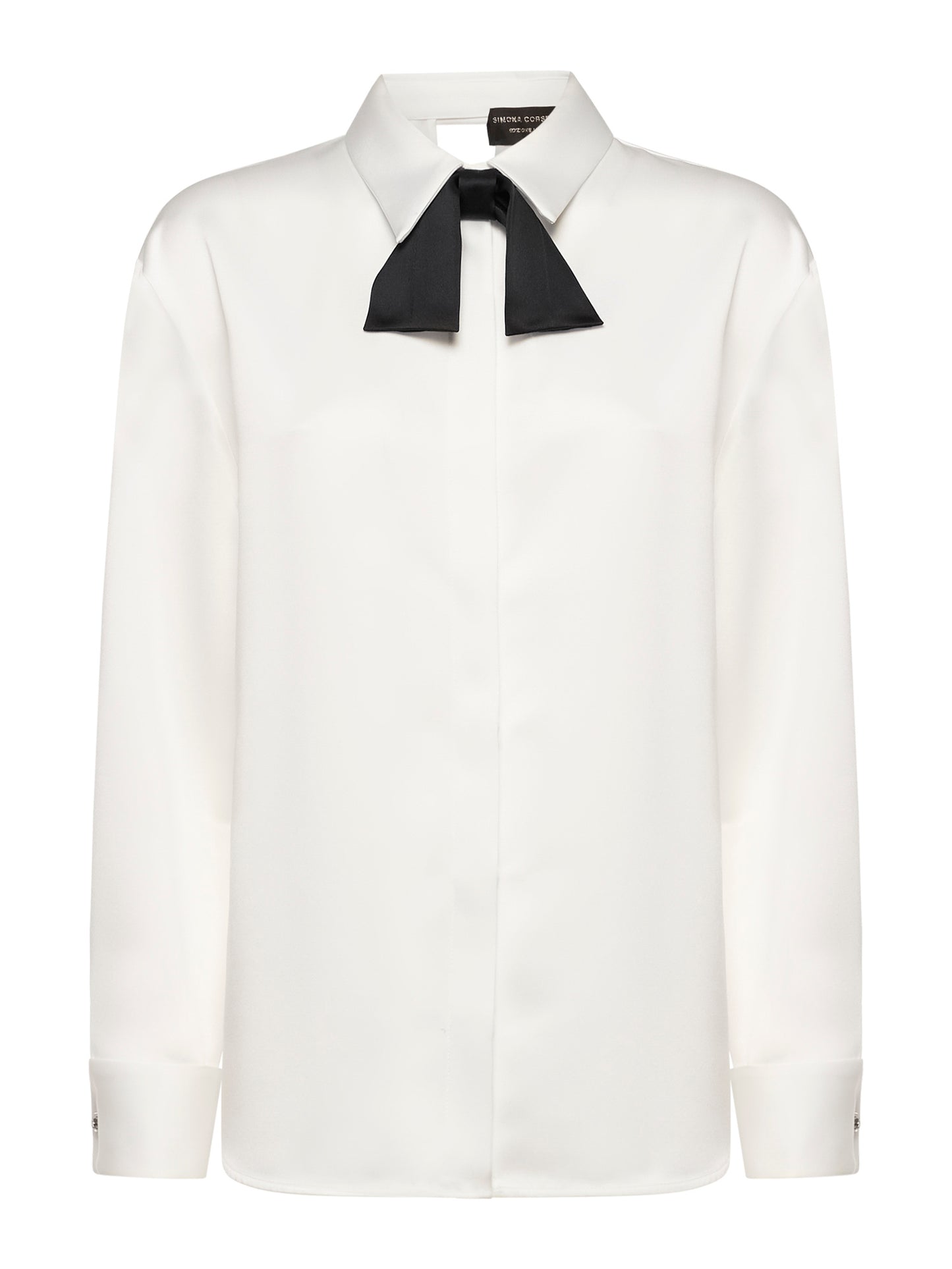 Open-back smocking shirt with untied heavy satin bow tie