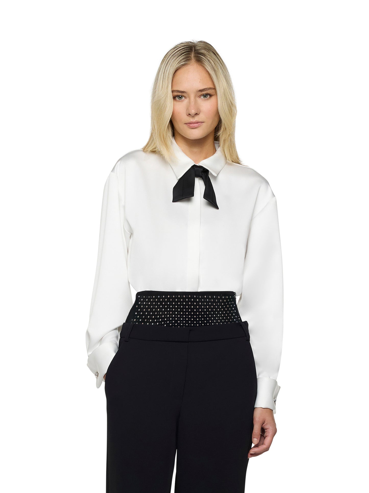 Open-back smocking shirt with untied heavy satin bow tie