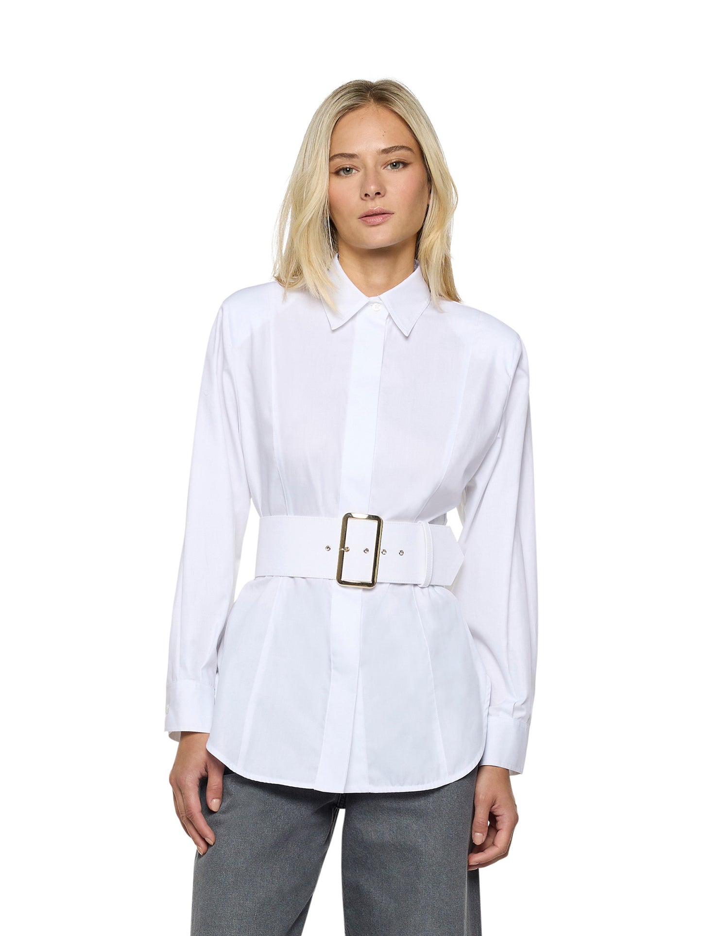 Camicia con cintura ricoperta e maxi fibbia in popeline