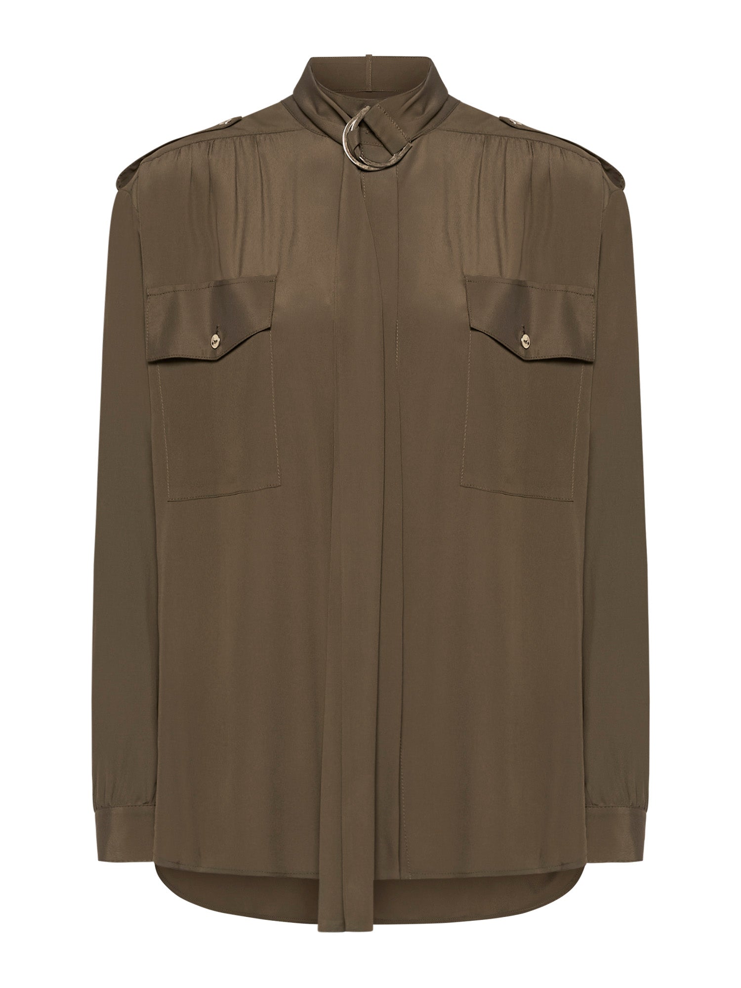 Camicia con lavallière, fibbia e tasche davanti in acetato seta