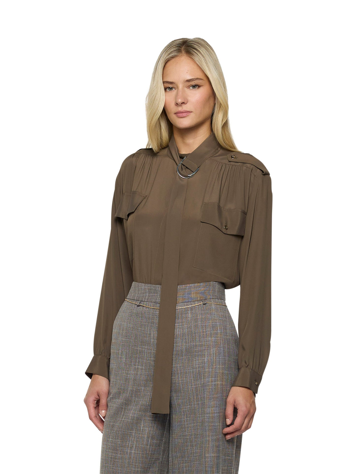 Shirt with lavallière, buckle and front pockets in silk acetate