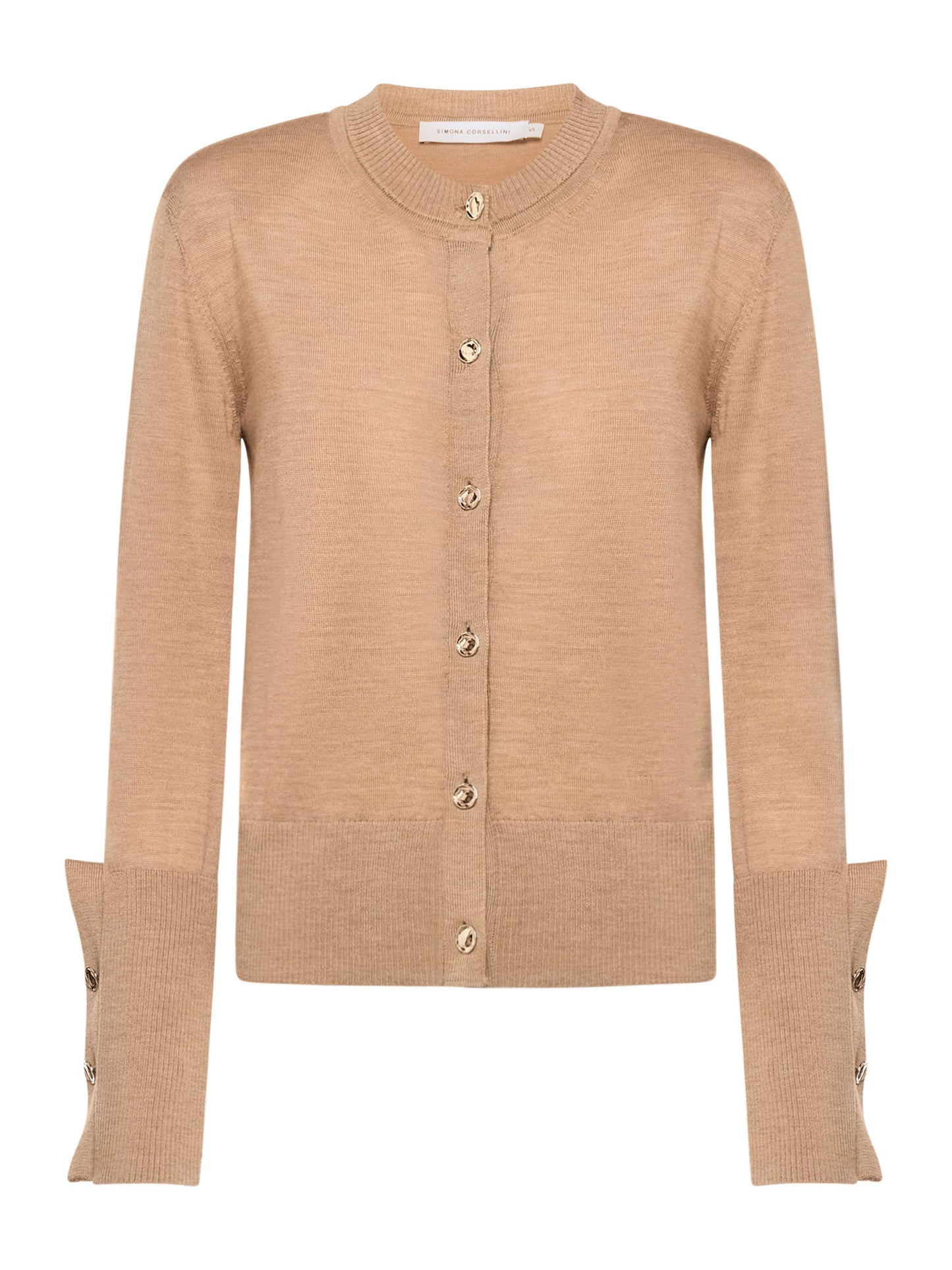 Cardigan with shoulder pads and buttoned sleeves