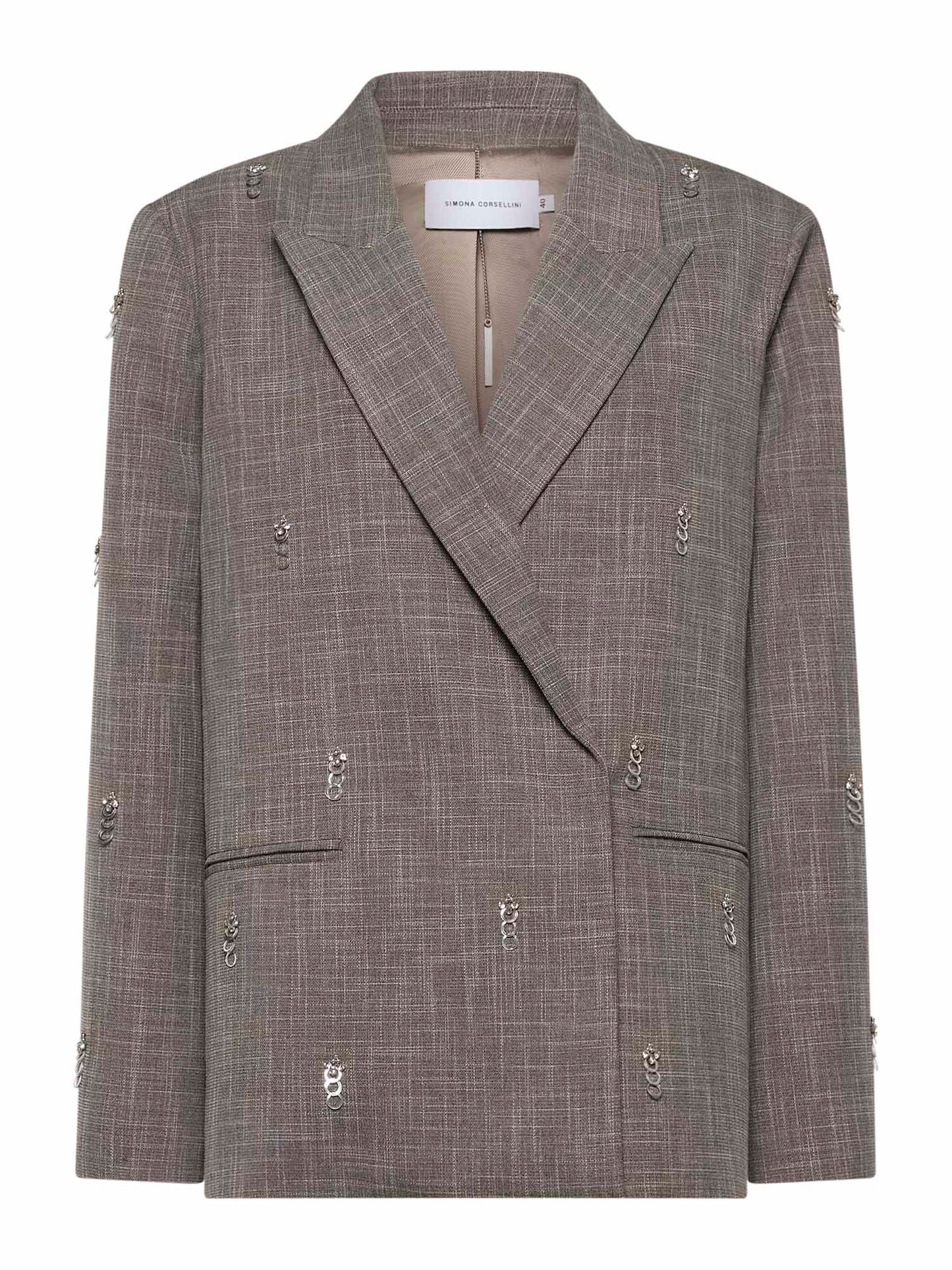 Oversized blazer with welt pockets and back strap in textured woven fabric