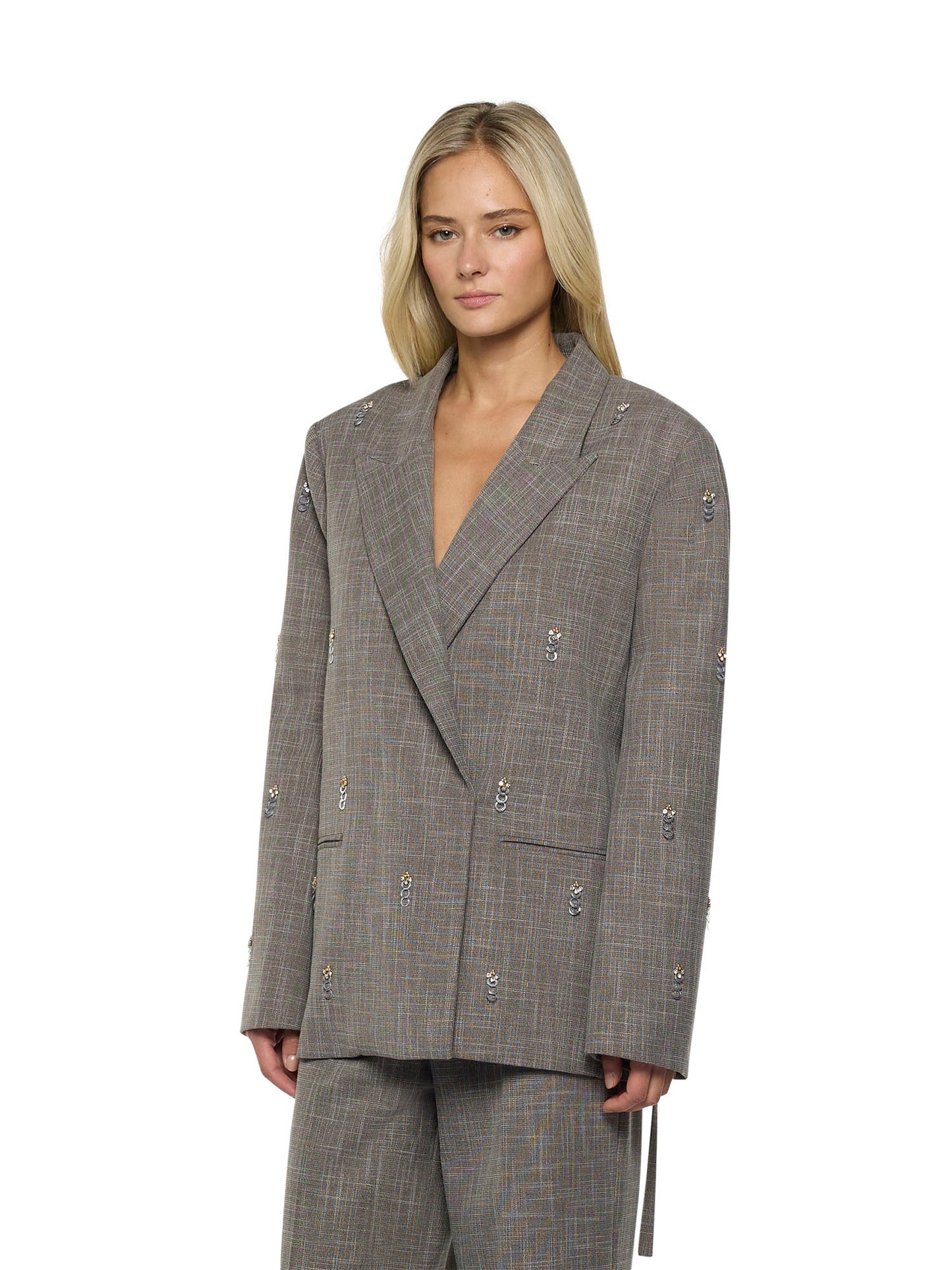 Oversized blazer with welt pockets and back strap in textured woven fabric