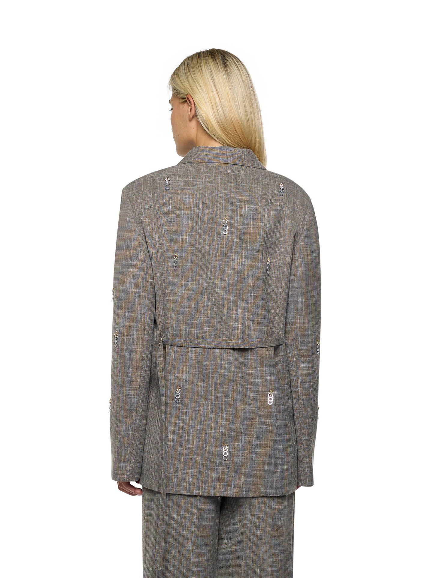 Oversized blazer with welt pockets and back strap in textured woven fabric