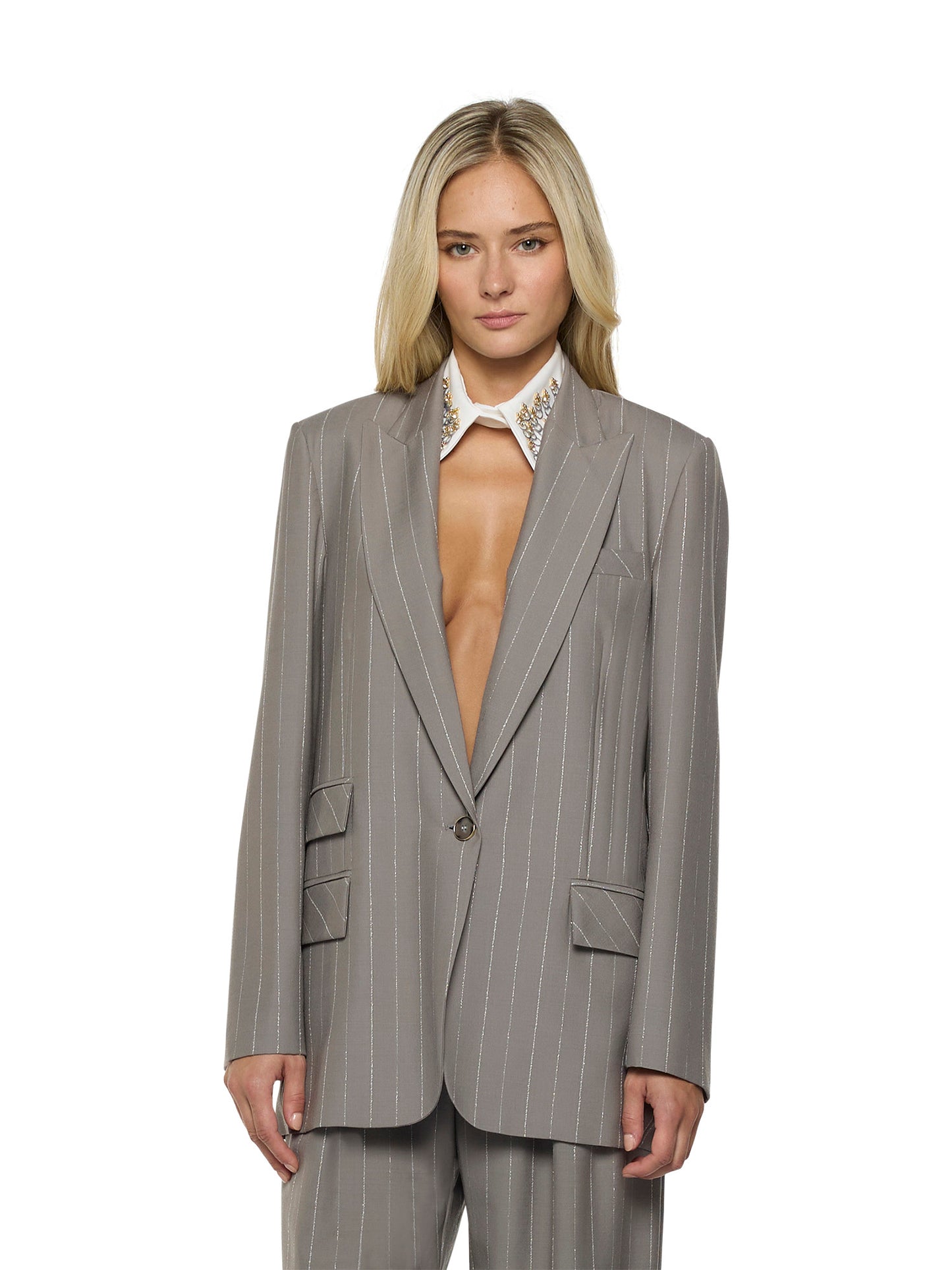 Straight jacket with flaps and one button in pinstripe