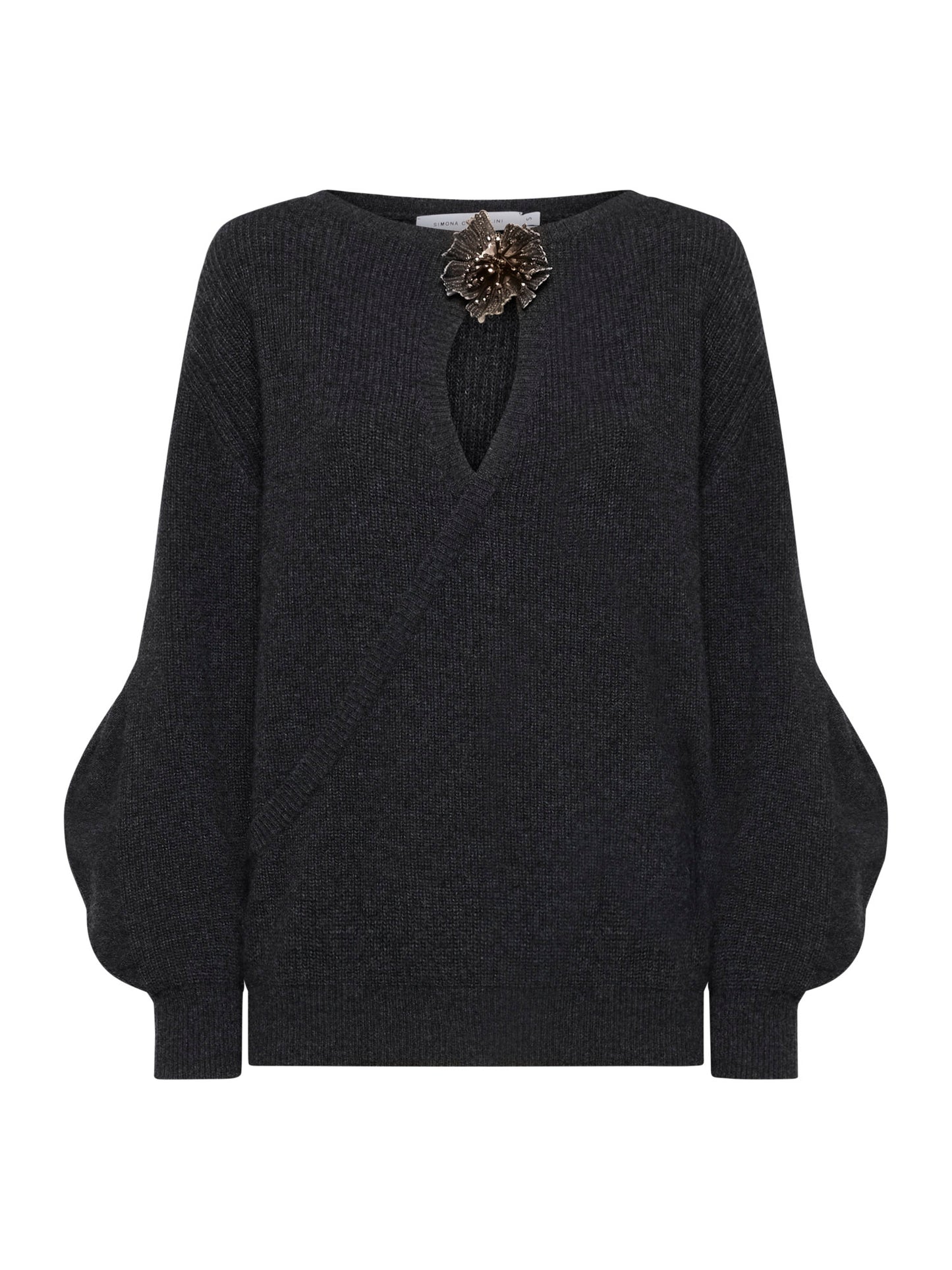 Boat neck sweater with straight design with front opening and flower of beads and sequins