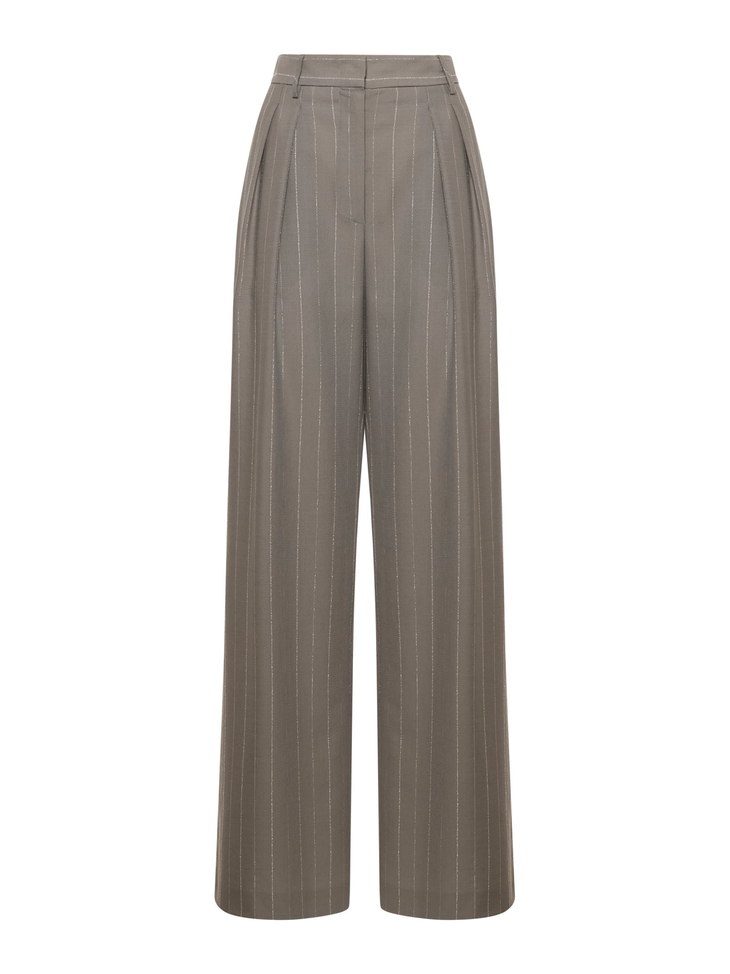 Wide-leg pinstriped trousers with pleats and welt pockets