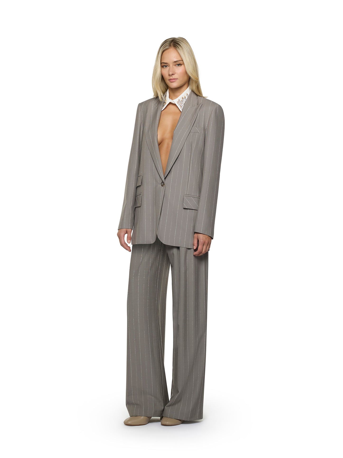 Wide-leg pinstriped trousers with pleats and welt pockets