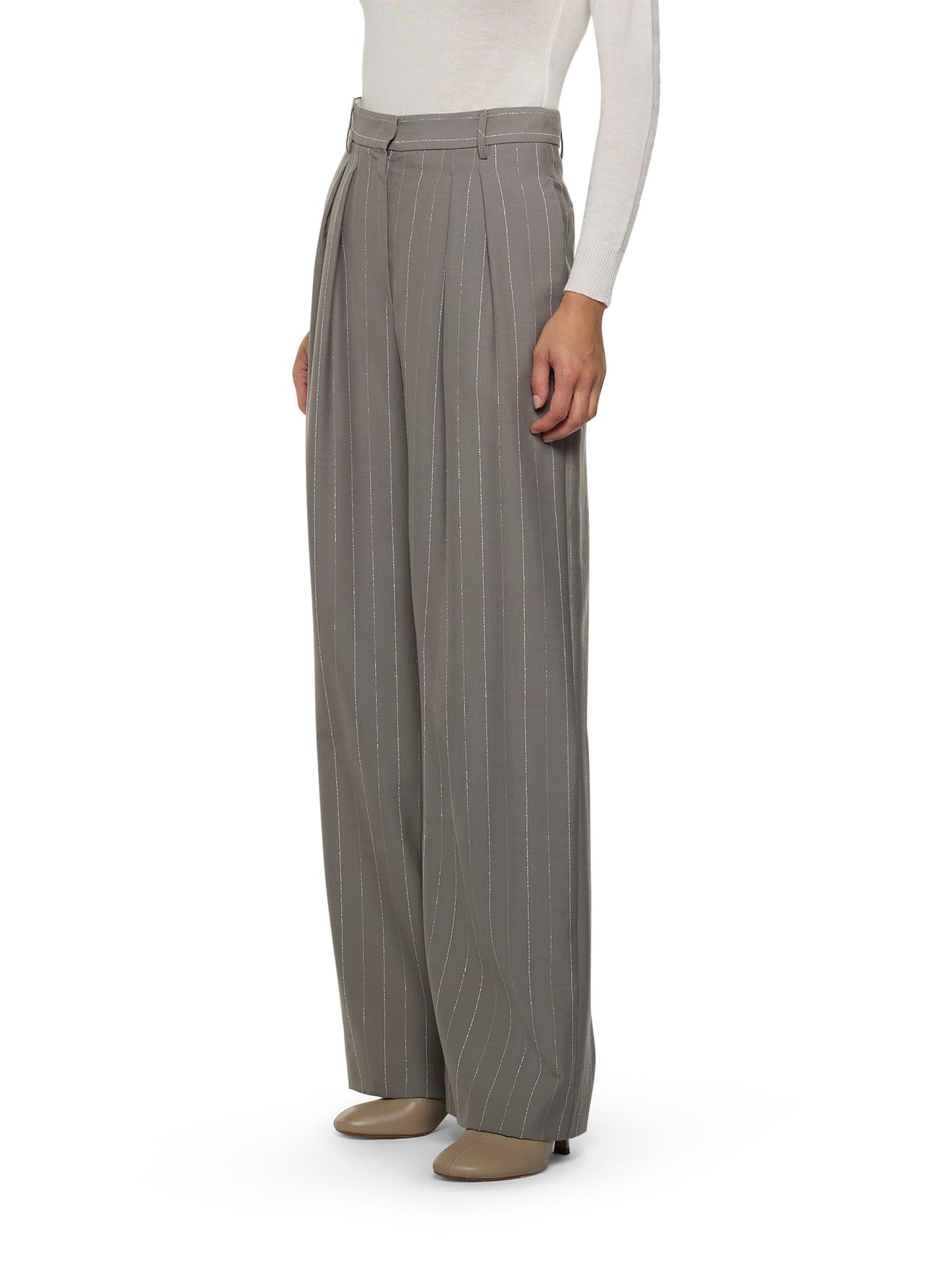 Wide-leg pinstriped trousers with pleats and welt pockets