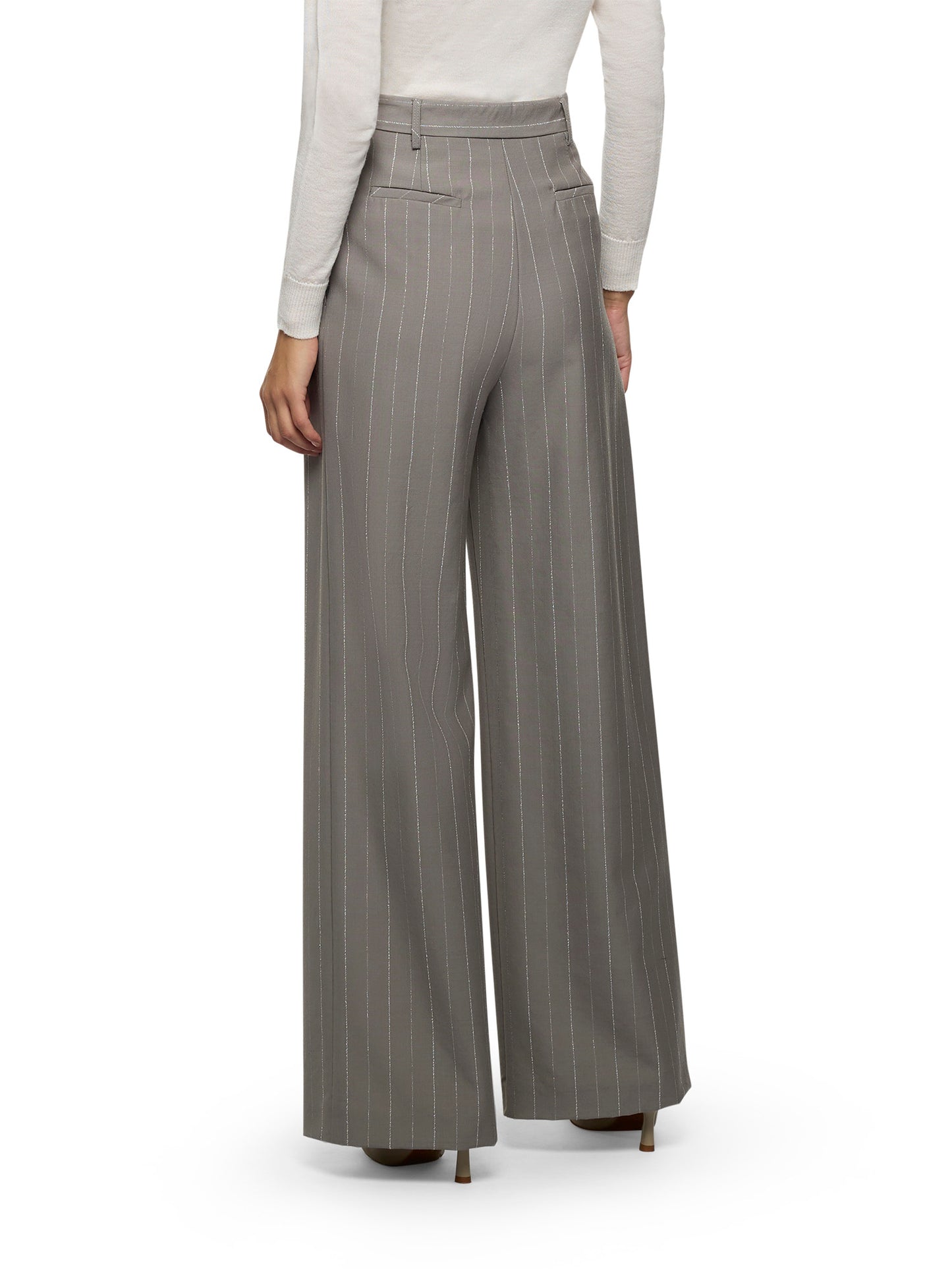Wide-leg pinstriped trousers with pleats and welt pockets