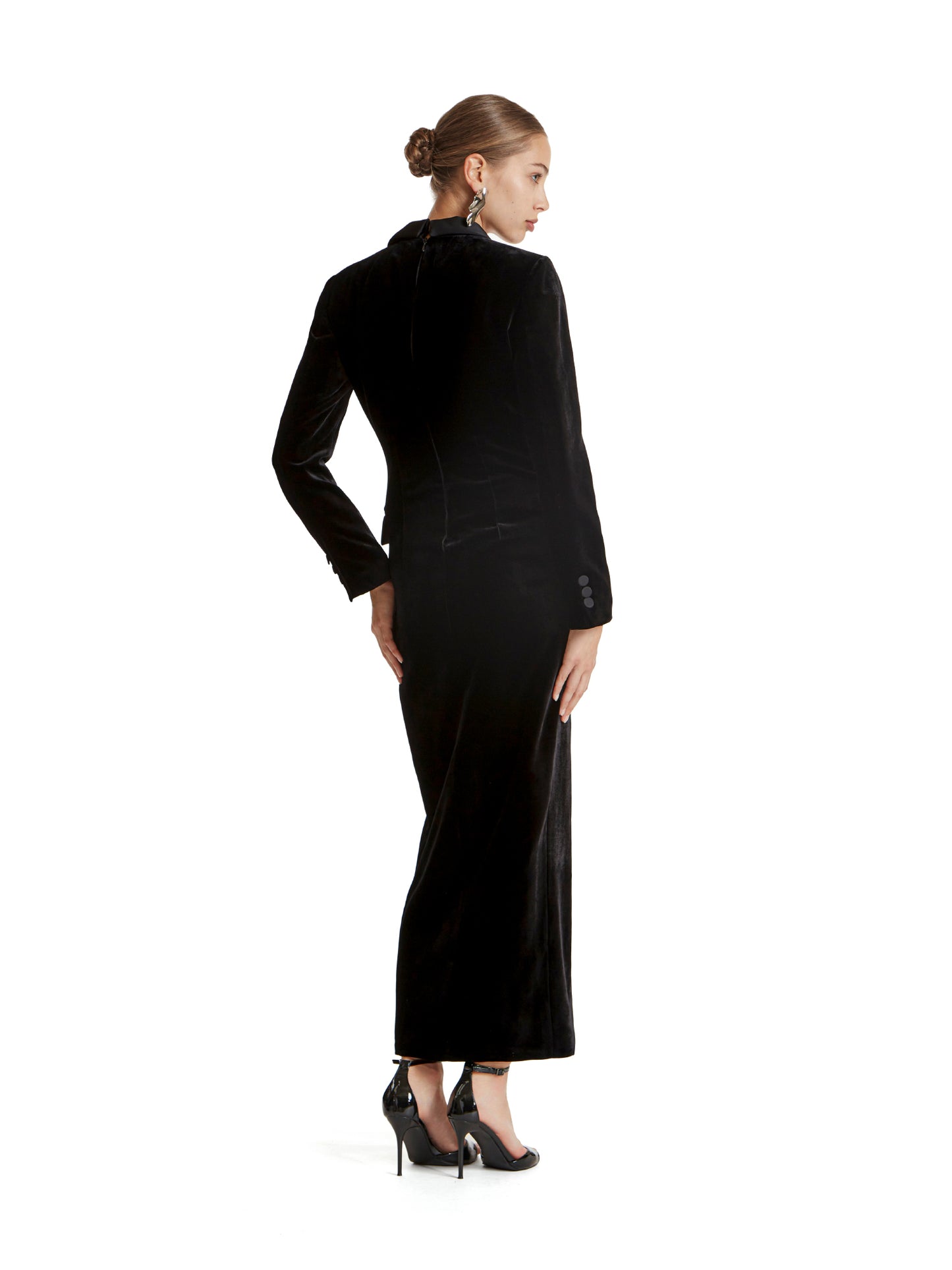 Long velvet tuxedo dress with satin details