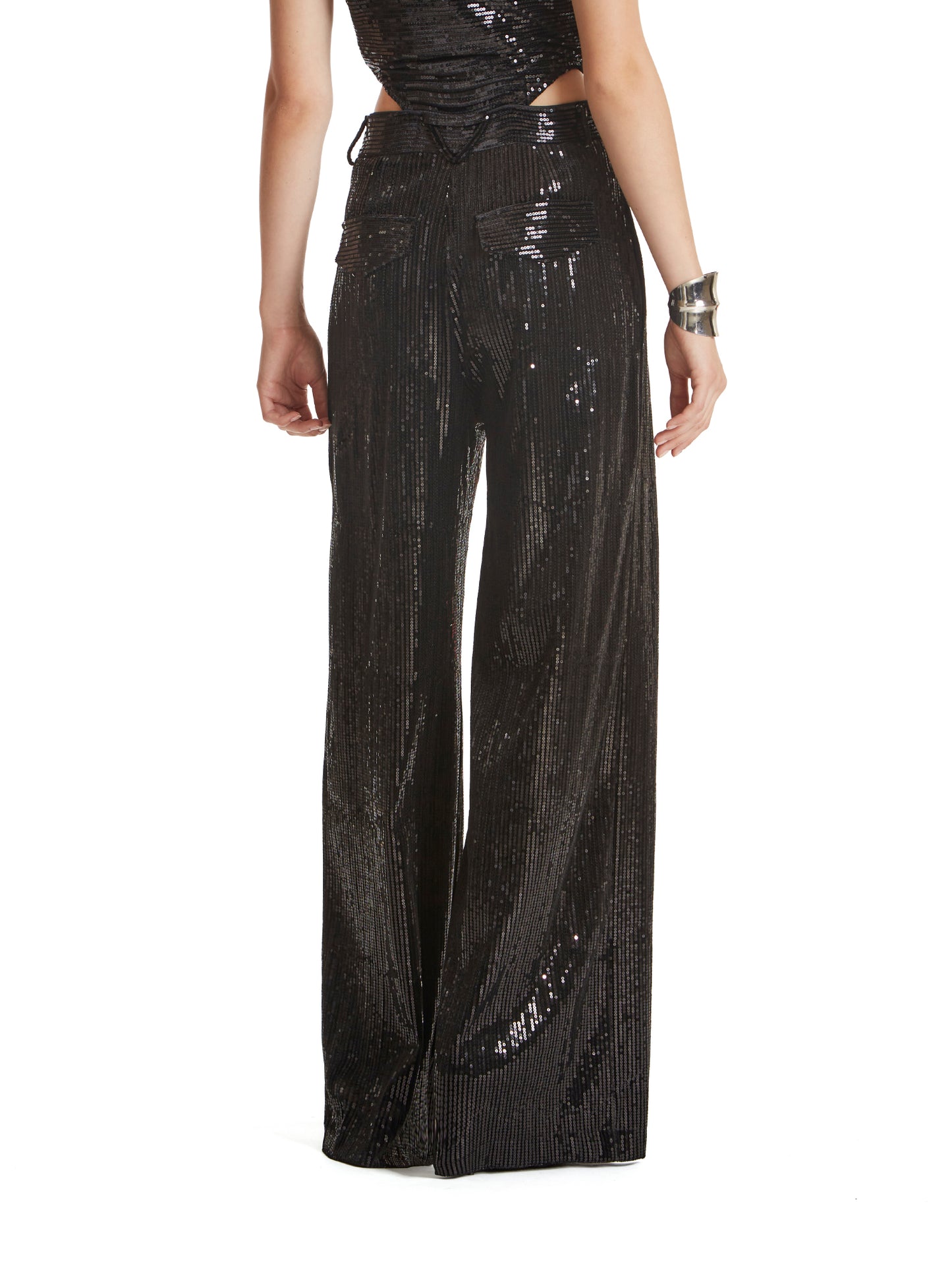 Wide-leg pleated trousers with belt loops and back flap pockets in stretch velvet sequins