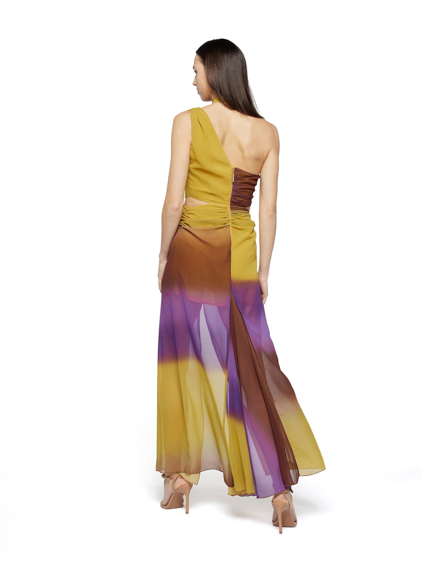 Long asymmetrical dress in shaded georgette