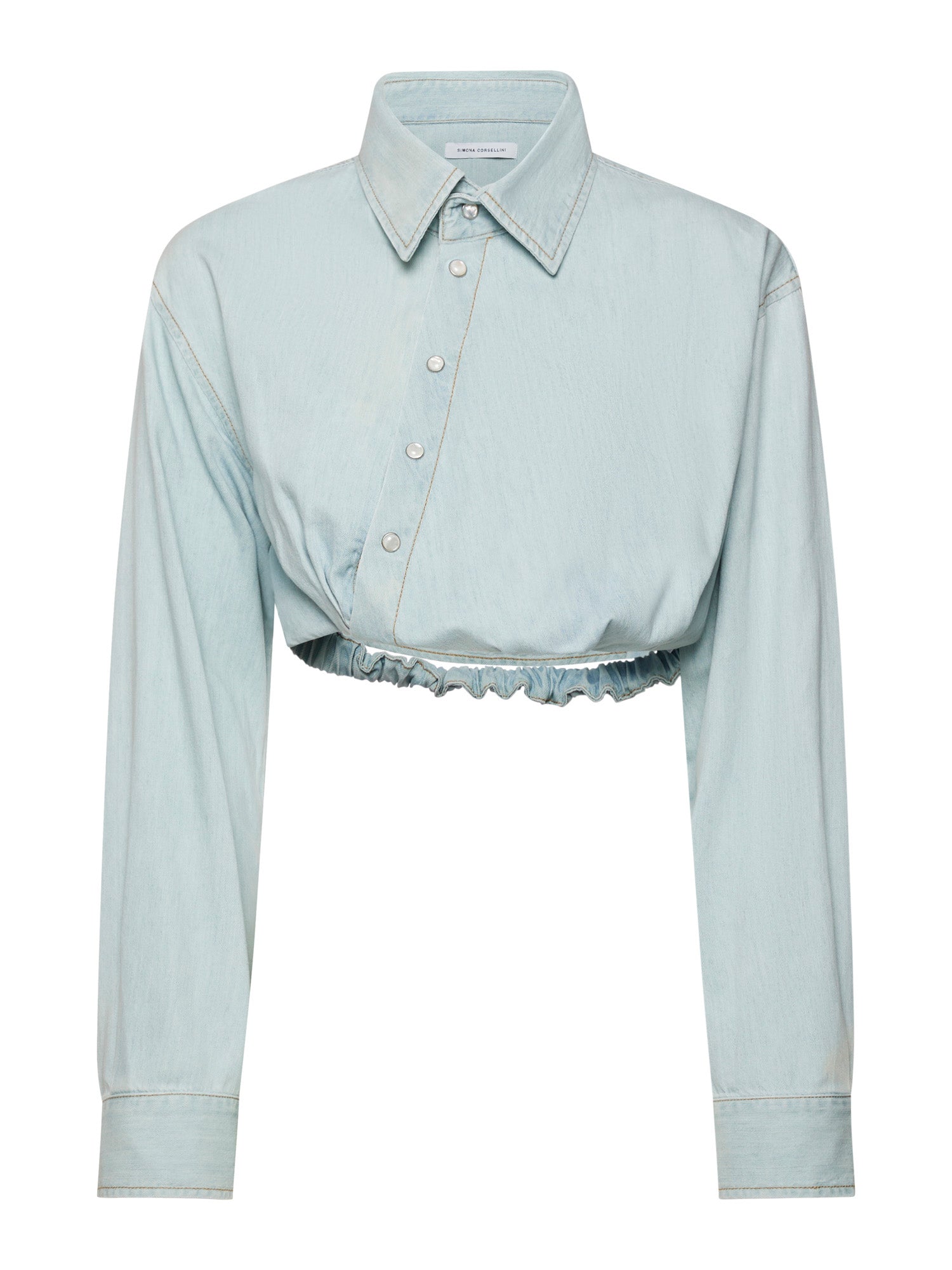 Camicia cropped in denim tencel con motivo pieghe davanti