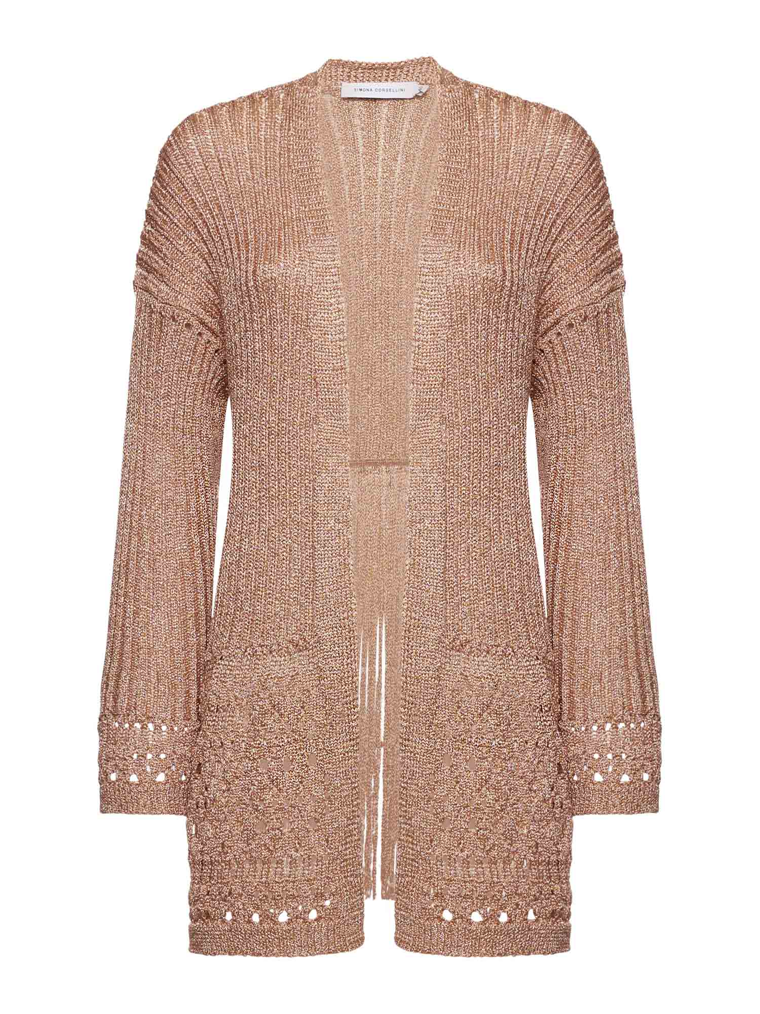Cardigan in traforato lurex con maxi frangia nel dietro