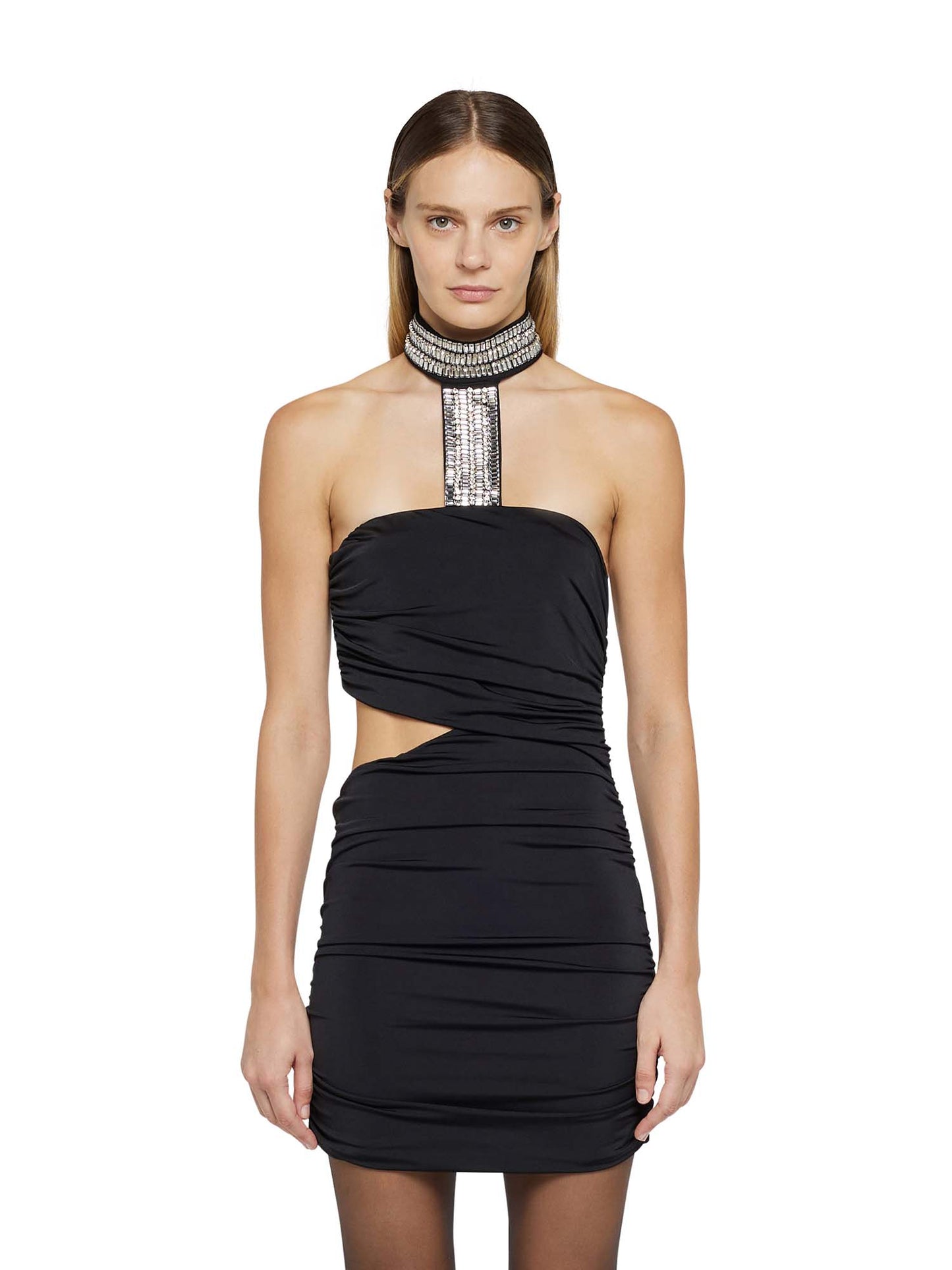 Cut-out dress with jewel embroidery in techno jersey