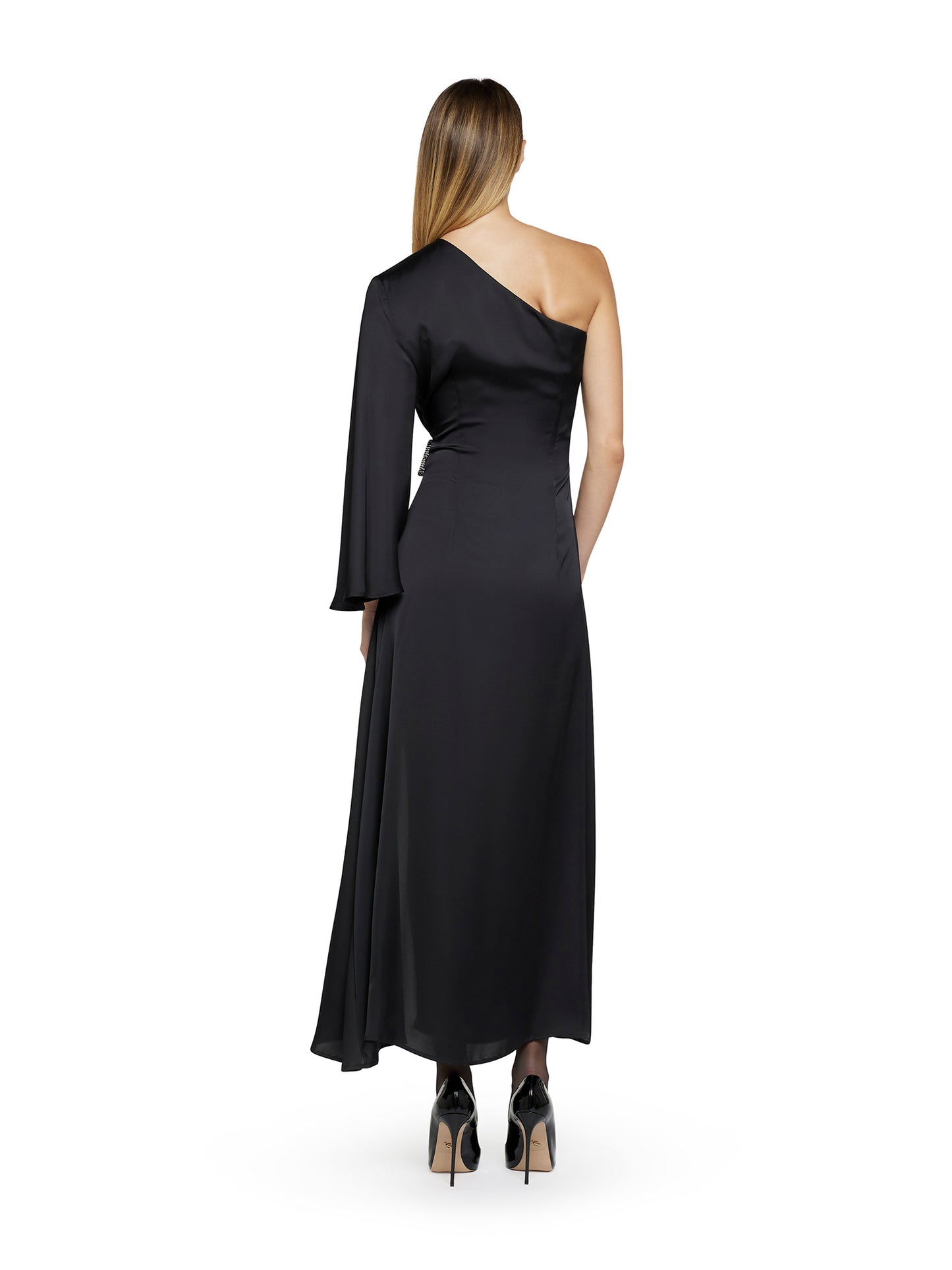 One-shoulder dress in fluid satin with jewelled buckle