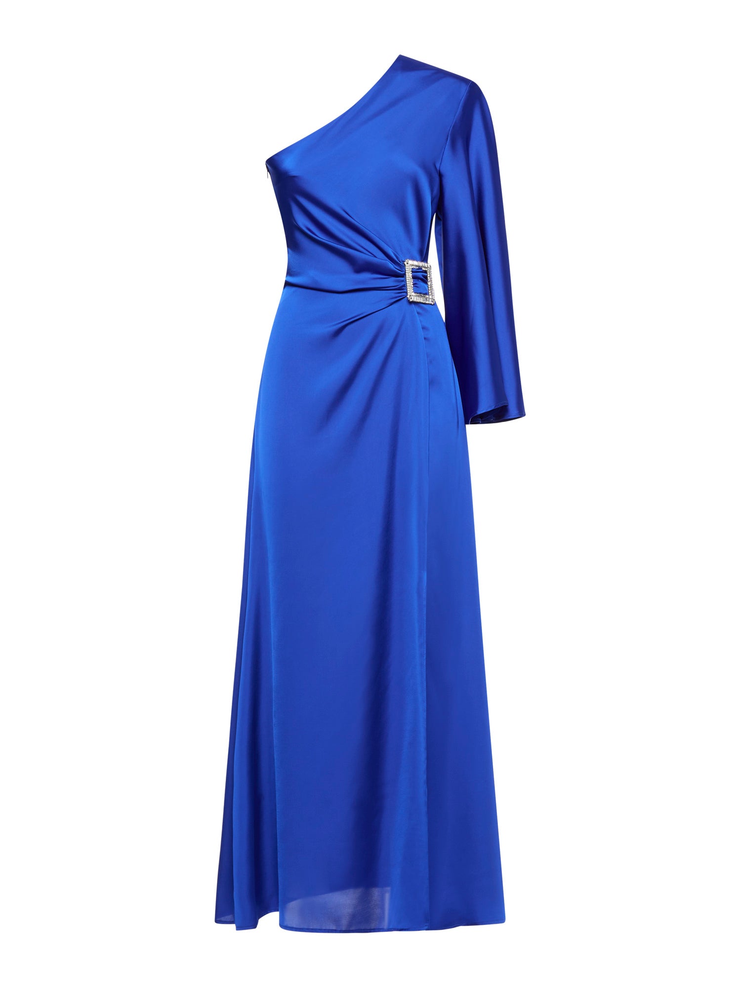 One-shoulder dress in fluid satin with jewelled buckle