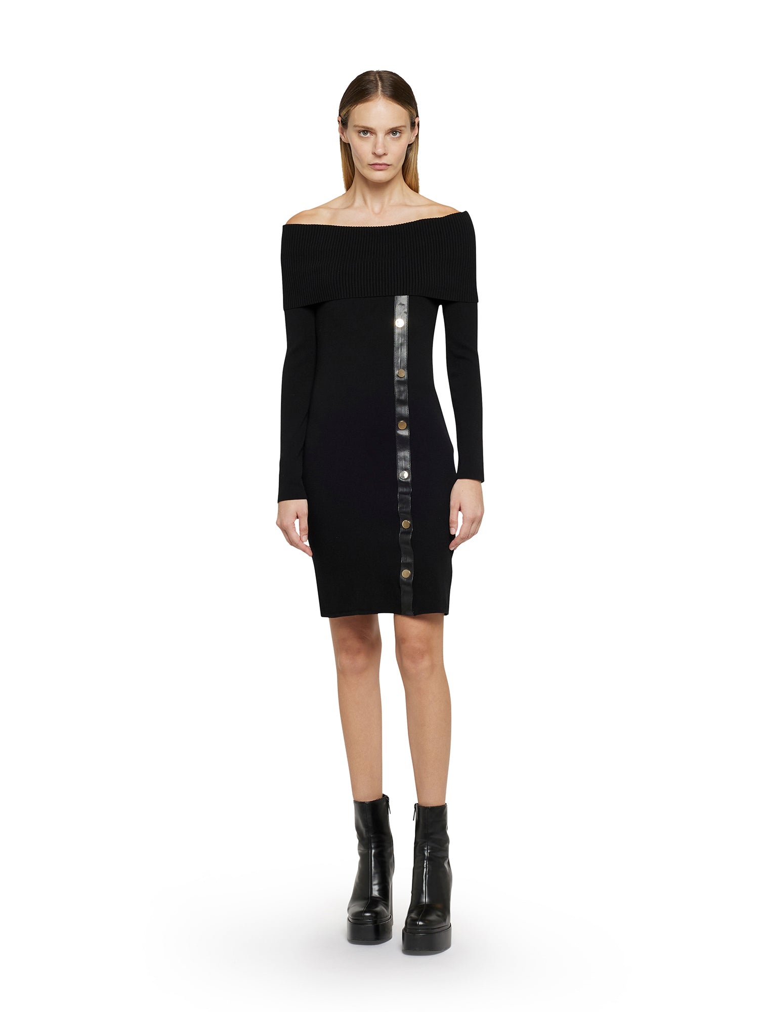 Schiffer dress in techno viscose and faux leather detailing