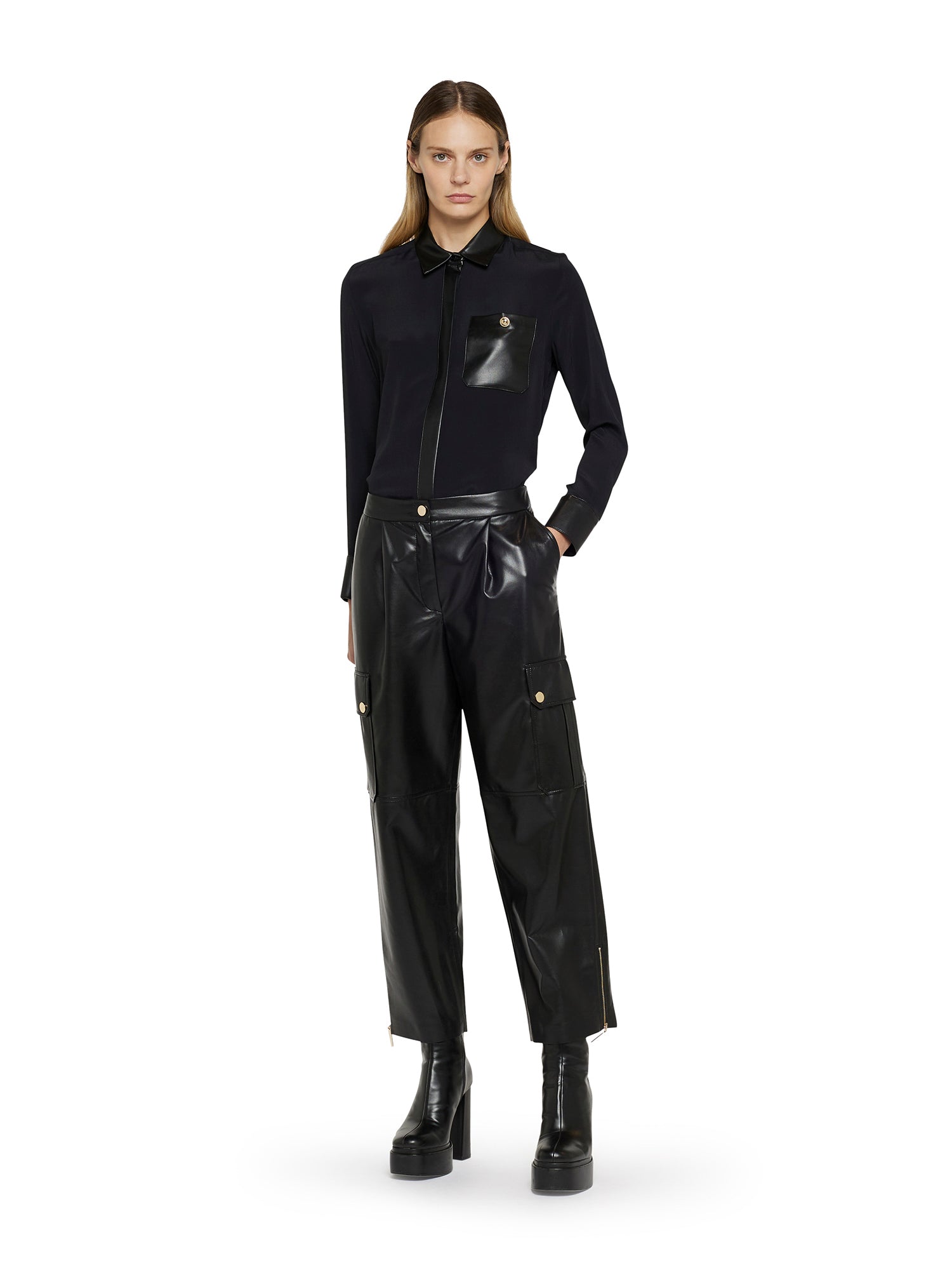 Silk acetate shirt with faux leather details