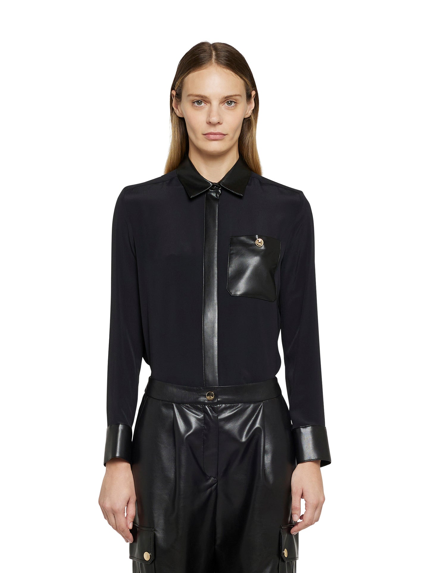 Silk acetate shirt with faux leather details