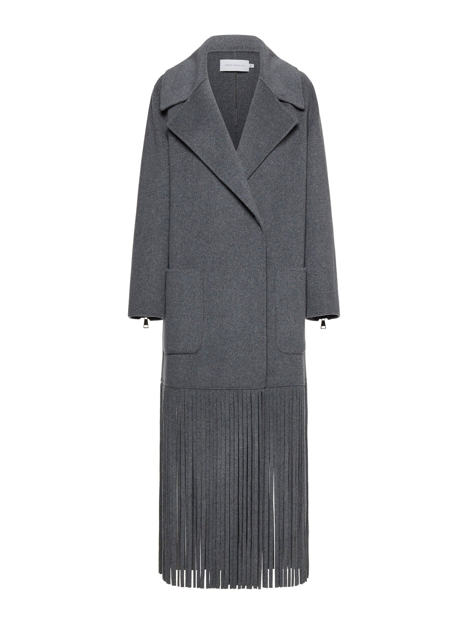 Double-breasted cloth coat with maxi fringes