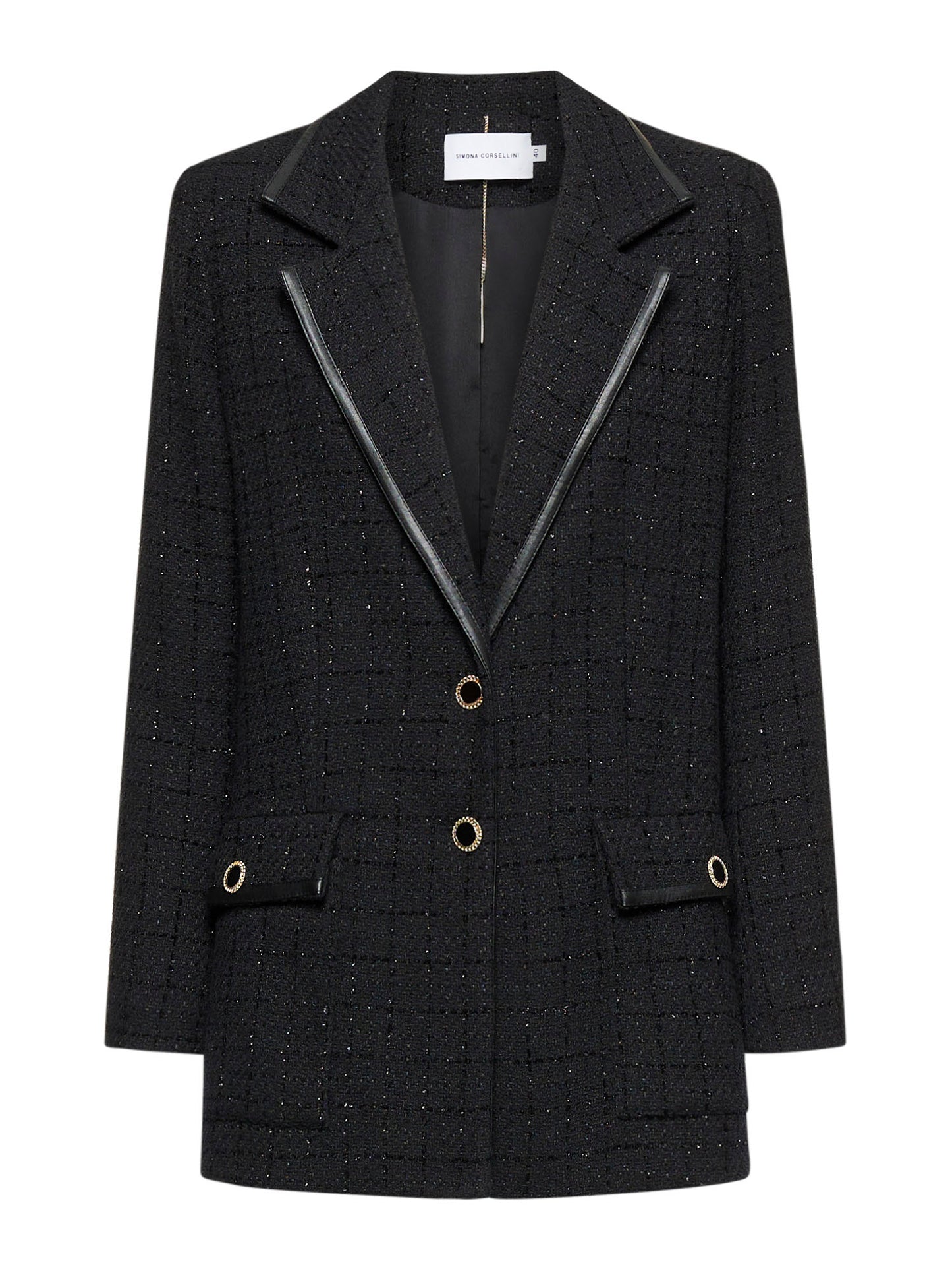Long jacket in chanel tweed and faux leather piping