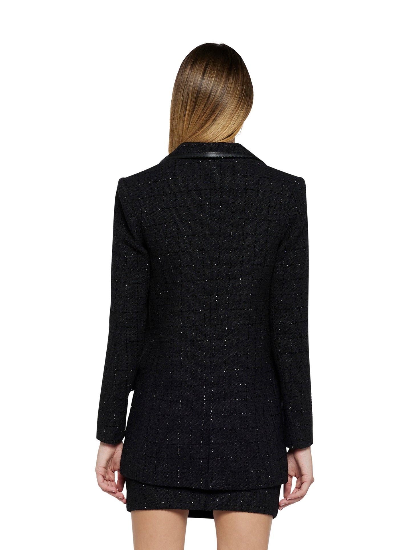 Long jacket in chanel tweed and faux leather piping