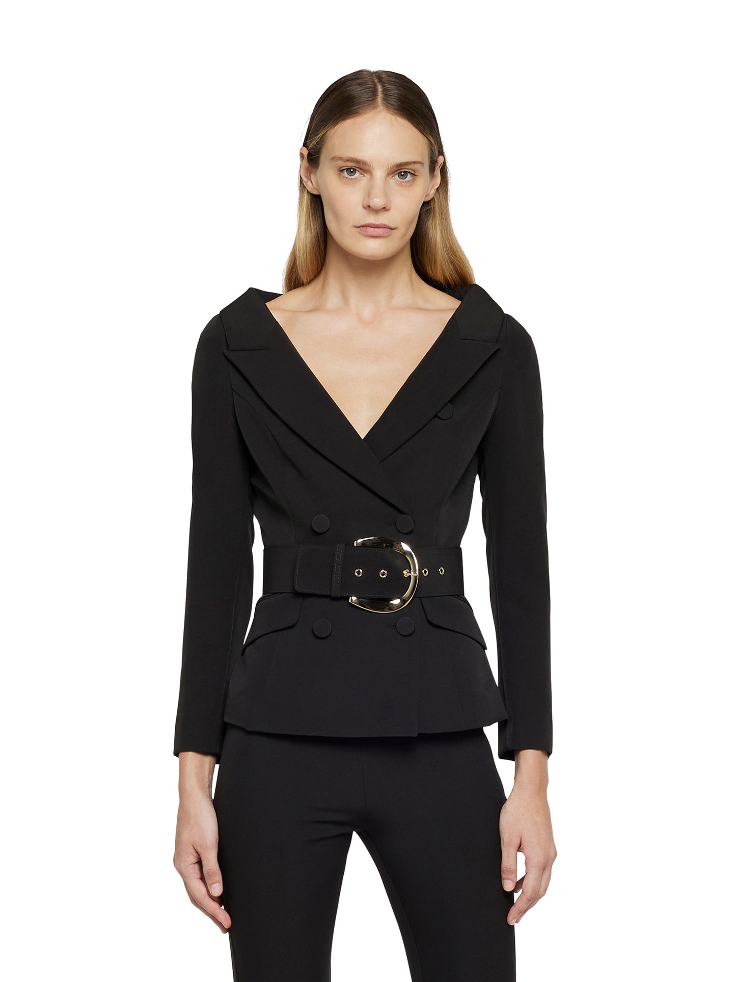 Ultra-feminine jacket in technical fabric with over buckle