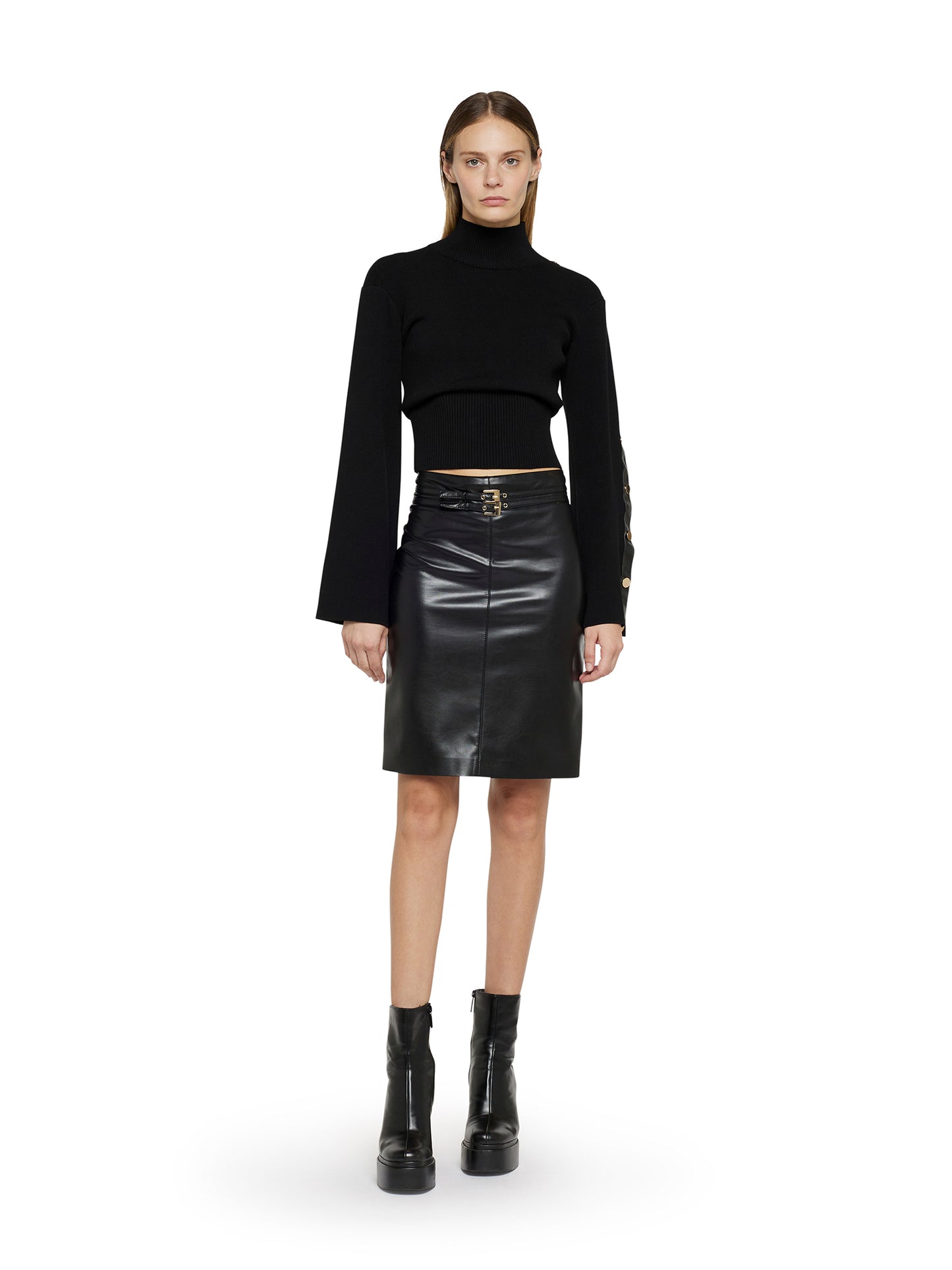 Techno viscose turtleneck and faux leather insert