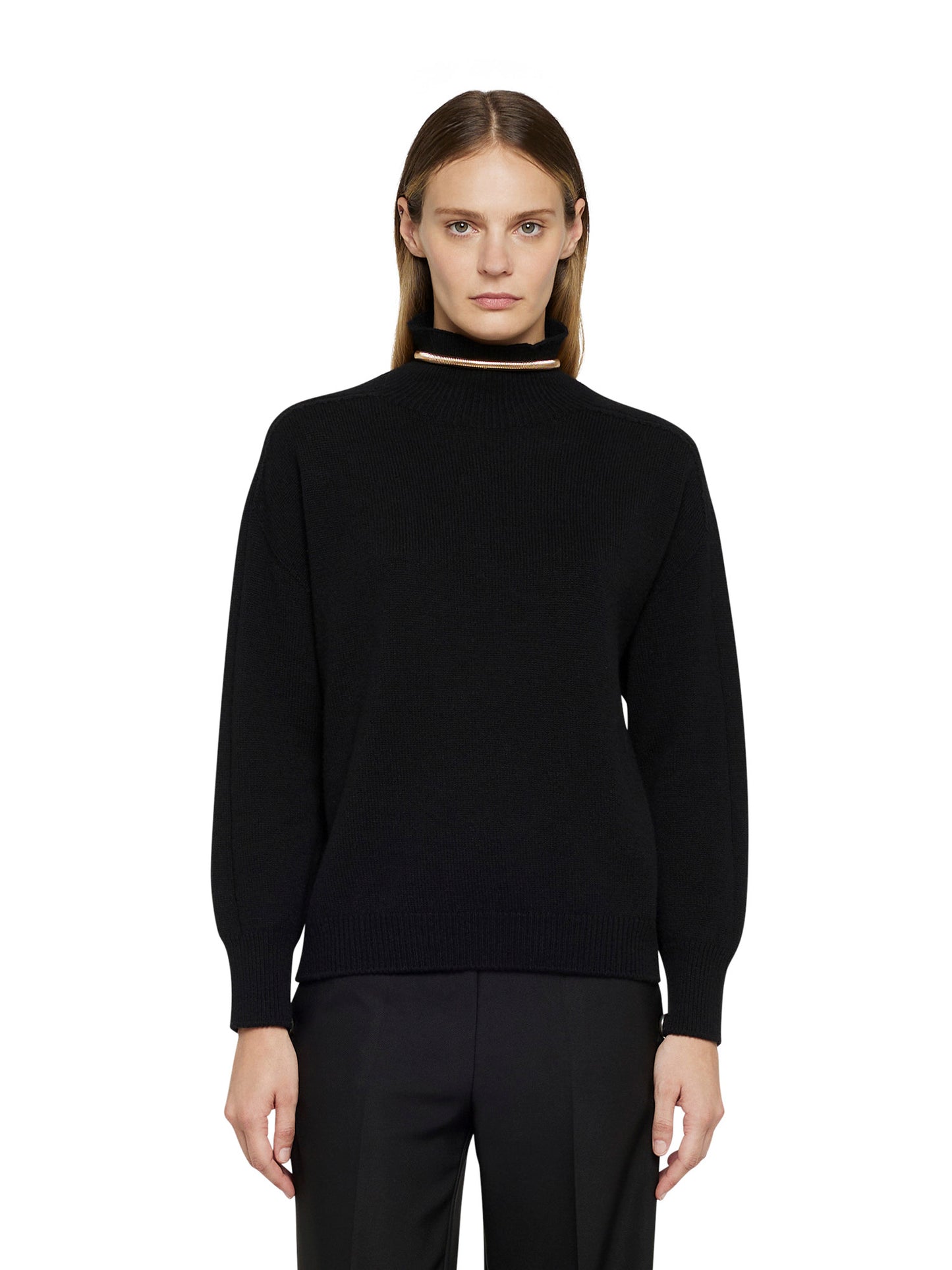 Cashmere wool turtleneck sweater with snake accessory in the collar