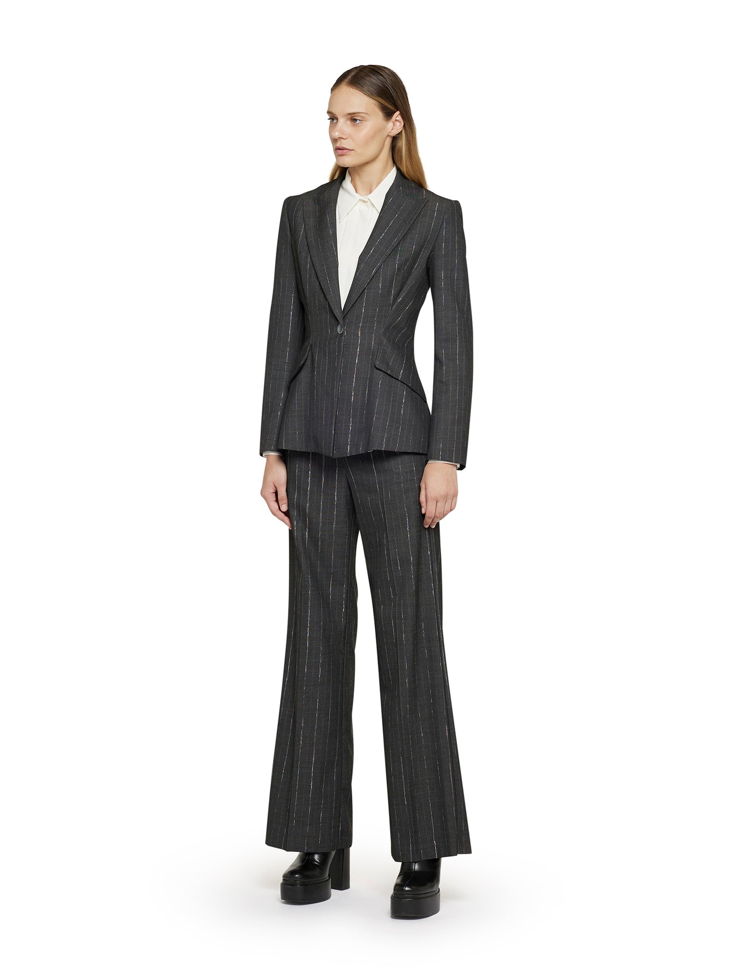 Palazzo trousers in translucent pinstripe with smoked button motif