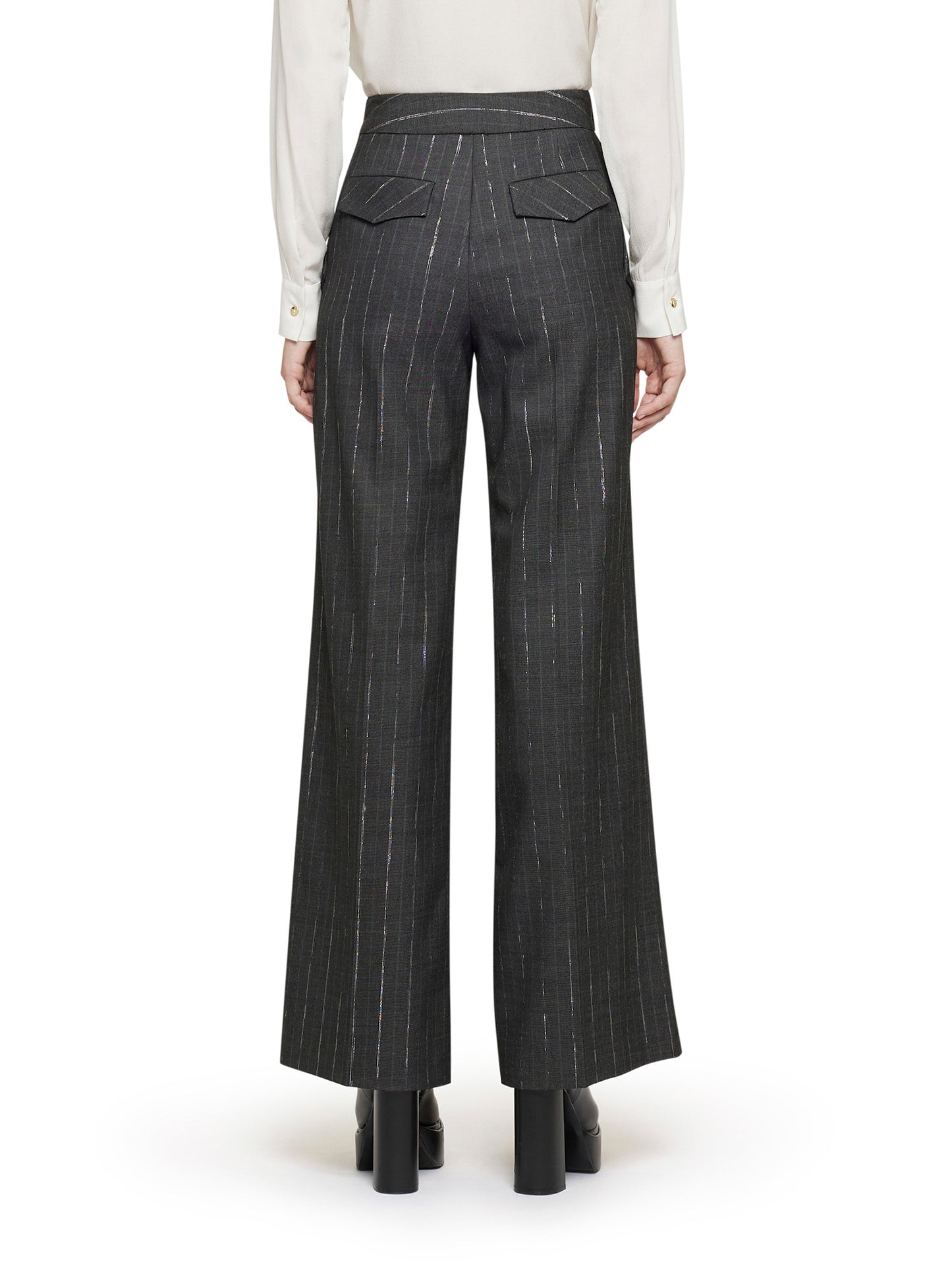 Palazzo trousers in translucent pinstripe with smoked button motif