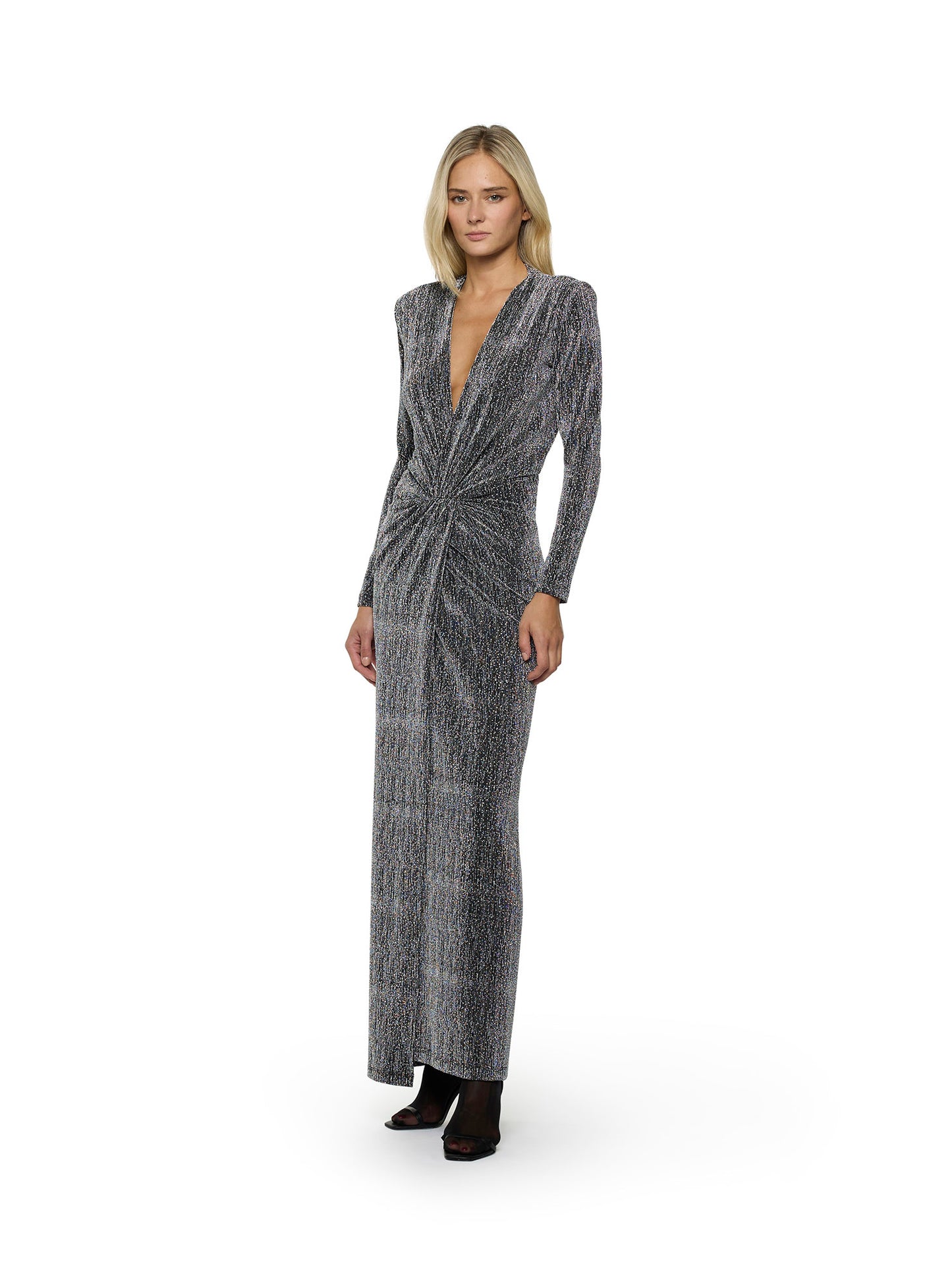 Long-sleeved dress with front knot and band in stretch fabric with rhinestones