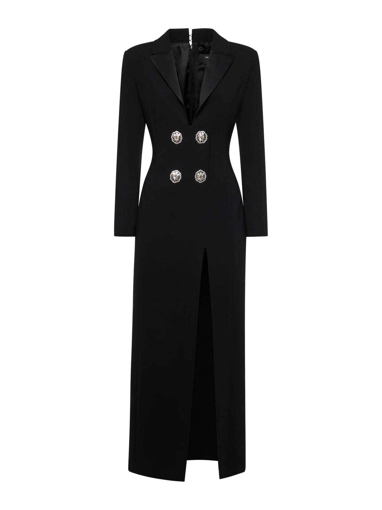 Long-sleeved dress in enver satin with jewel buttons with crystals