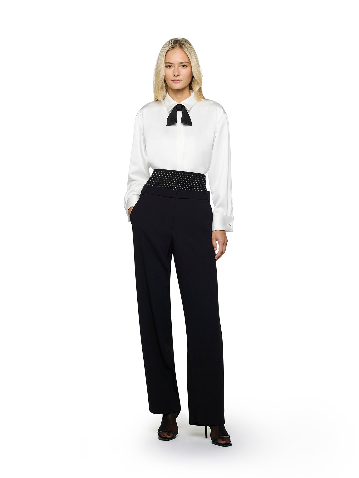 Open-back smocking shirt with untied heavy satin bow tie