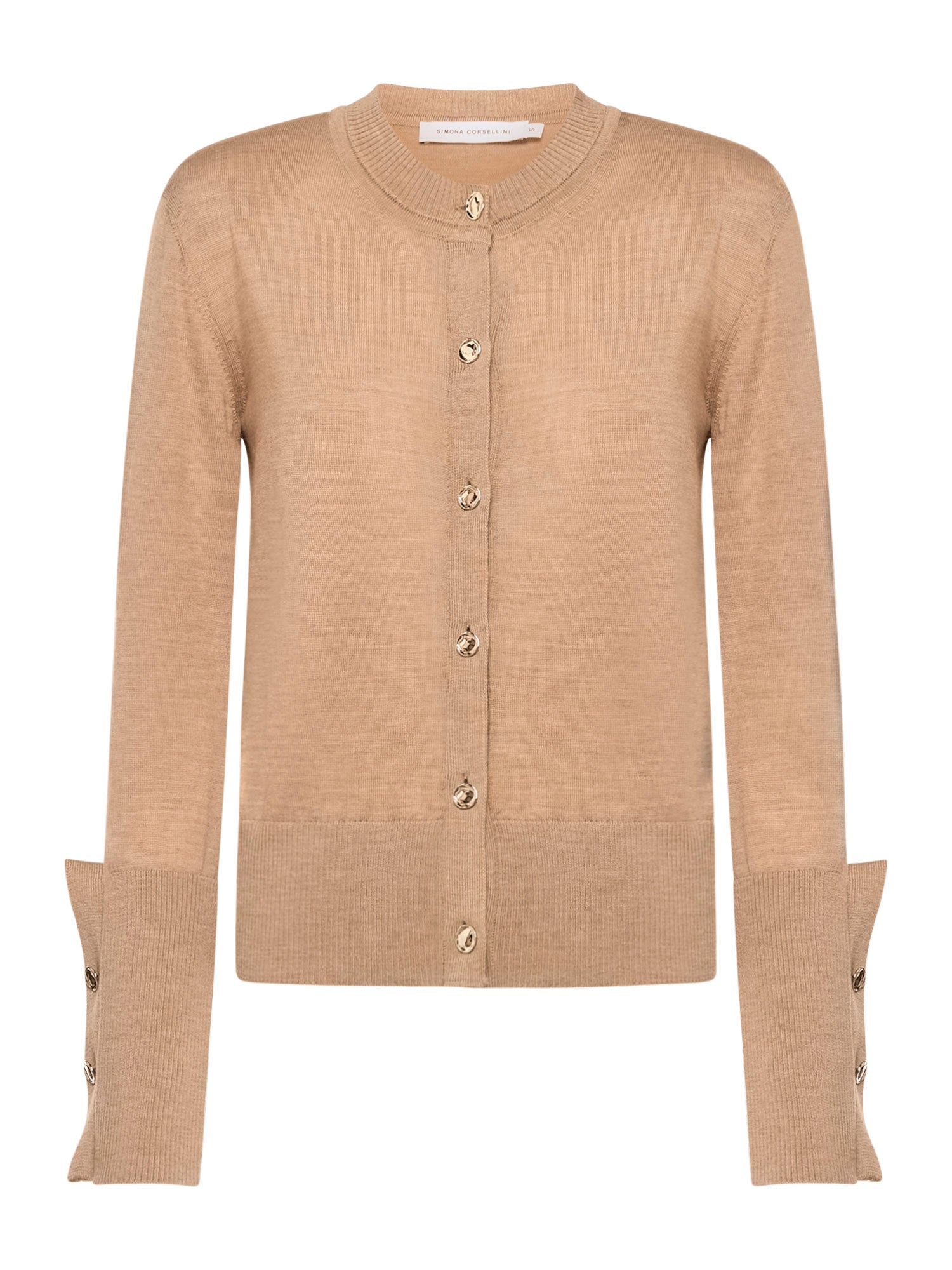 Cardigan with shoulder pads and buttoned sleeves