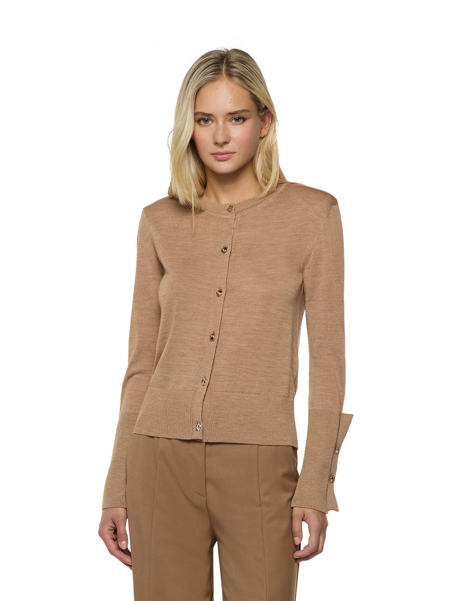 Cardigan with shoulder pads and buttoned sleeves